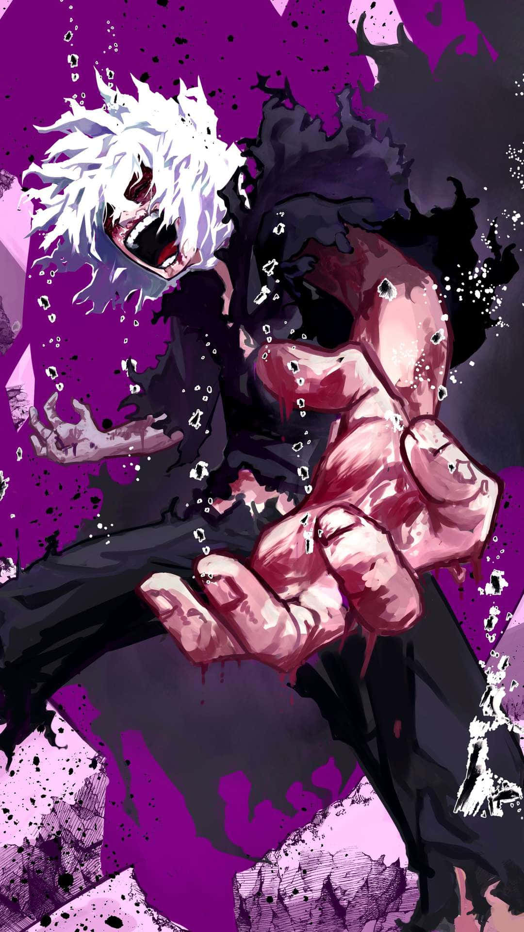 Tomura Shigaraki 桌布 壁紙 — 一個白髮動漫角色，帶著血跡斑斑的笑容，伸出手，背景是充滿活力的紫色潑濺圖案。