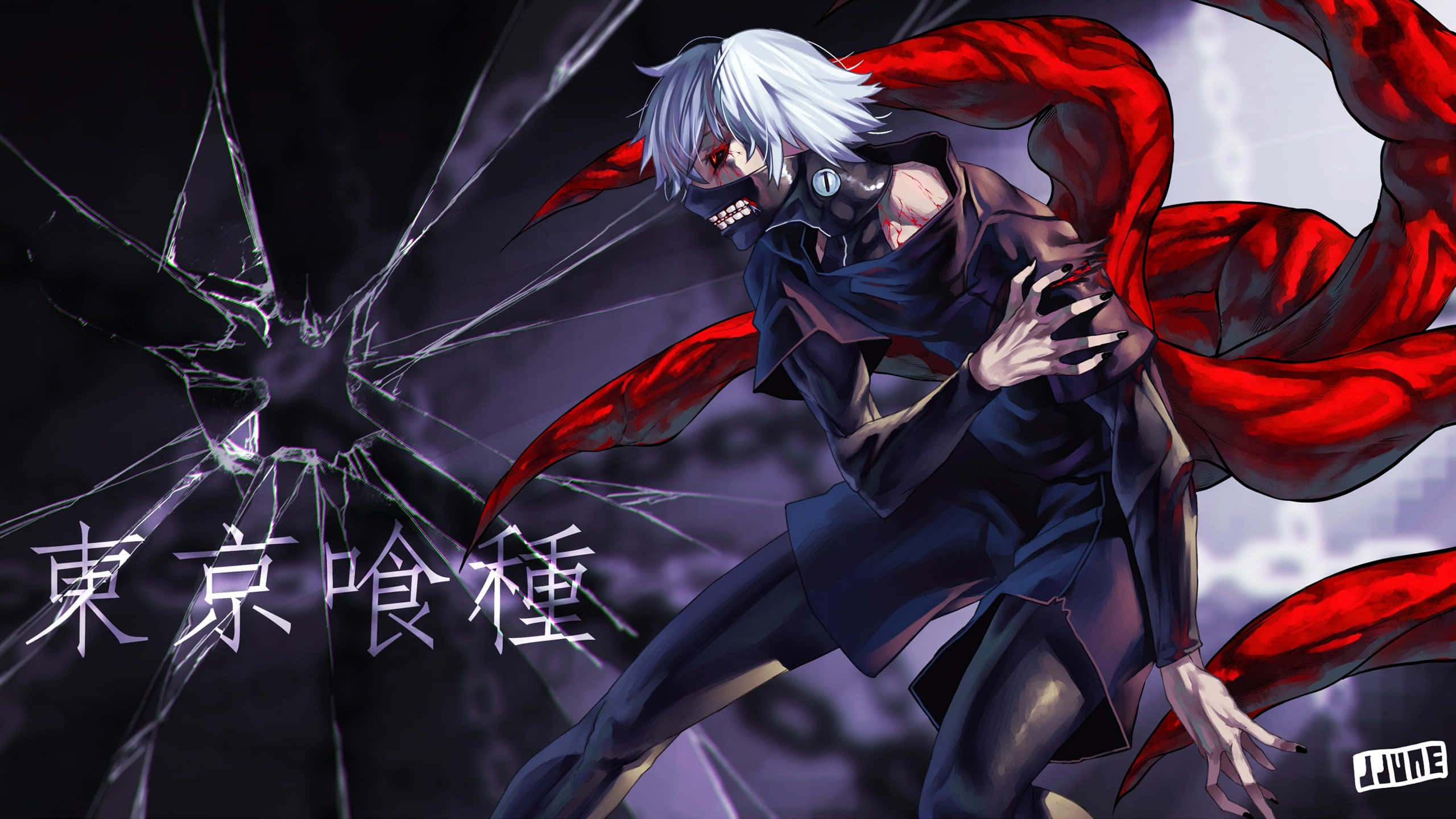 Ken Kaneki 桌布 壁紙 — 一個白髮動漫角色，戴著骷髏面具和飄逸的紅色斗篷，在深紫色背景下衝破破碎的玻璃窗。