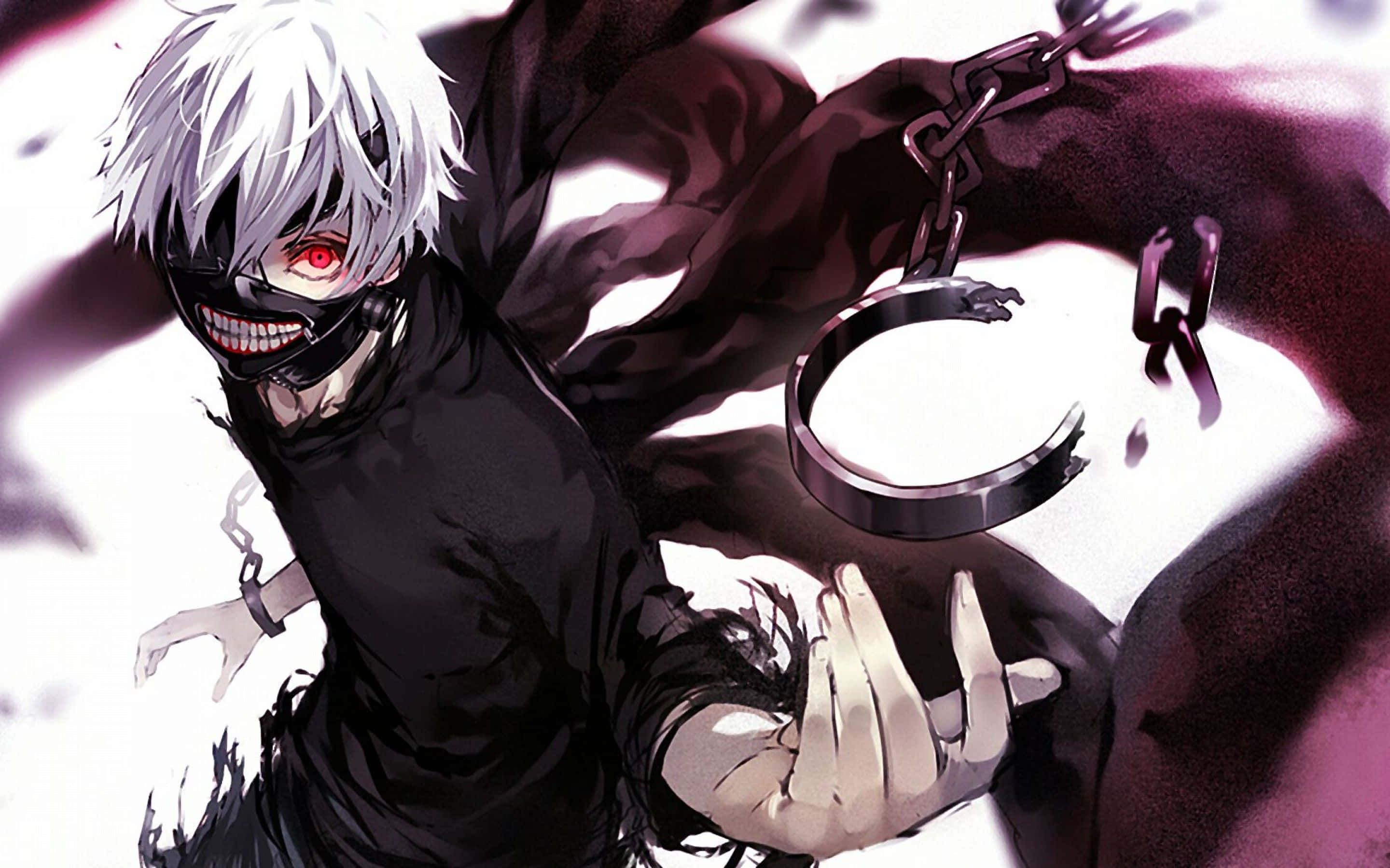 Demon Slayer iPad 桌布 壁紙 — 一個白髮動漫角色，戴著黑色面具和紅色眼睛，抓著破碎的手銬，背景是深紫色和白色。