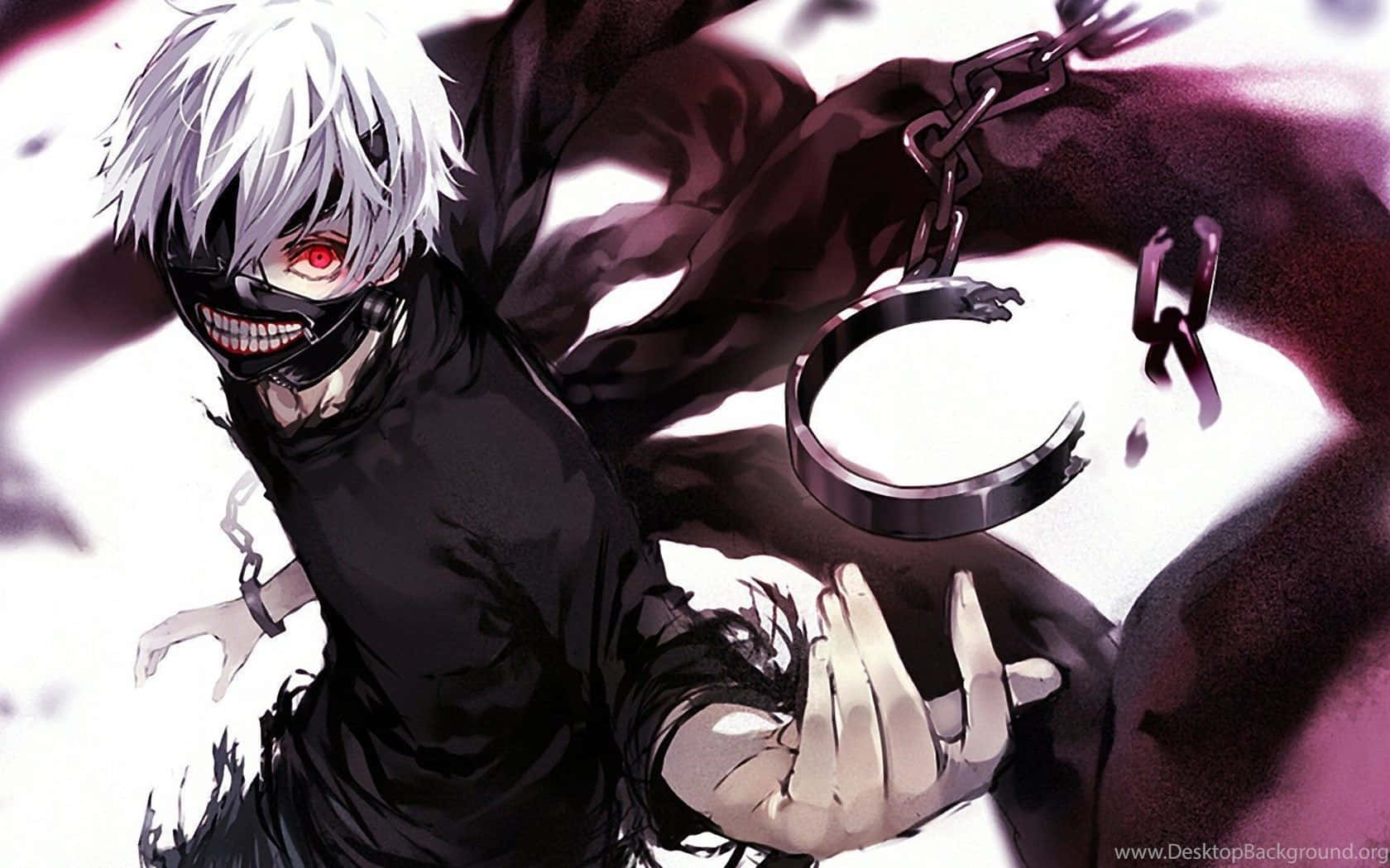 Horror Anime Boy 桌布 壁紙 — 一個白髮動漫角色，戴著黑色面具和紅色眼睛，在黑暗旋轉的背景中抓住斷裂的鎖鏈。