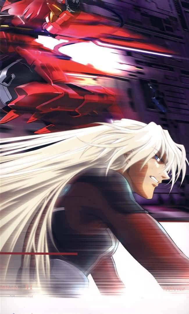 Zechs Merquise 桌布 壁紙 — 一個白髮動漫角色在動態城市環境中移動，身後有一架紅色機甲疾馳。