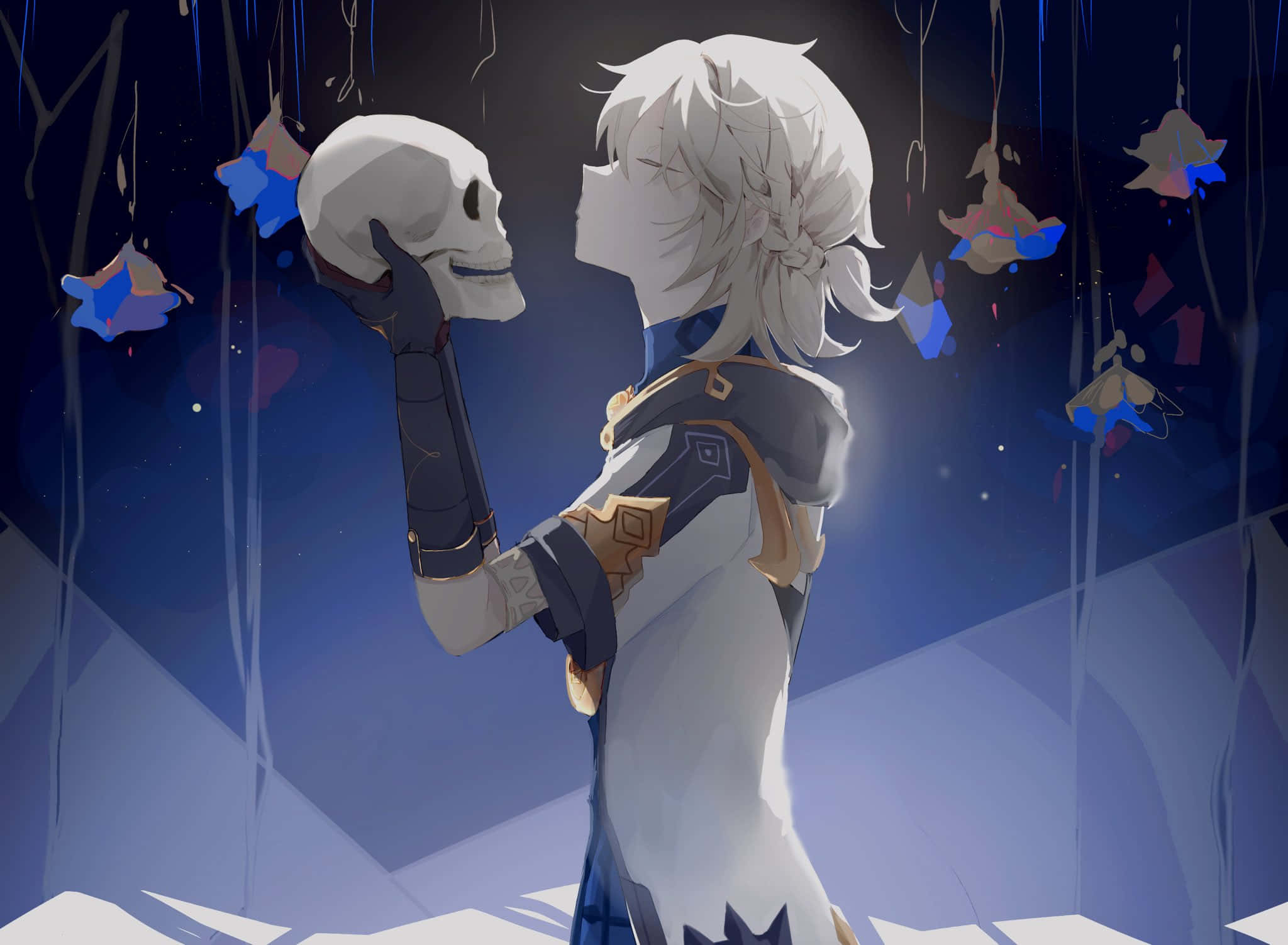 Genshin Impact Albedo 桌布 壁紙 — 一個白髮動漫角色在星空下溫柔地抱著一個頭骨，周圍漂浮著藍色和紅色的燈籠。