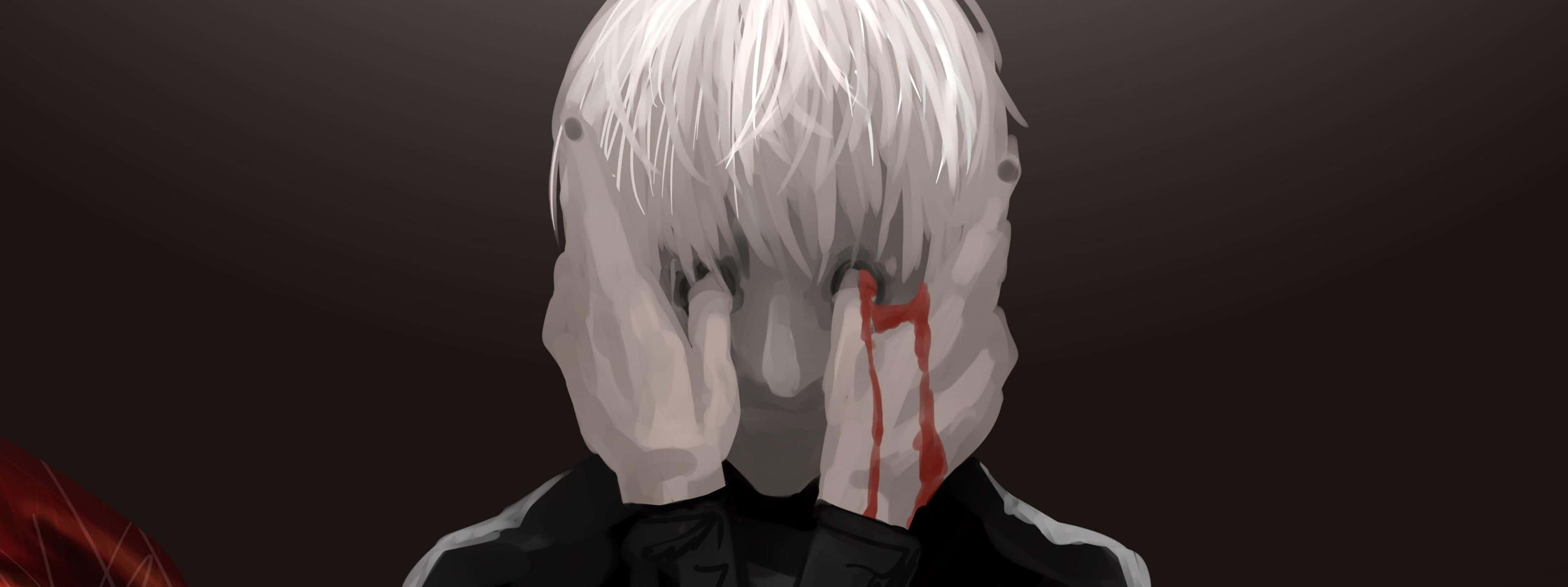 Kaneki Sad 桌布 壁紙 — 一個白髮動漫角色在黑暗背景中絕望地遮住眼睛，臉上流著血。