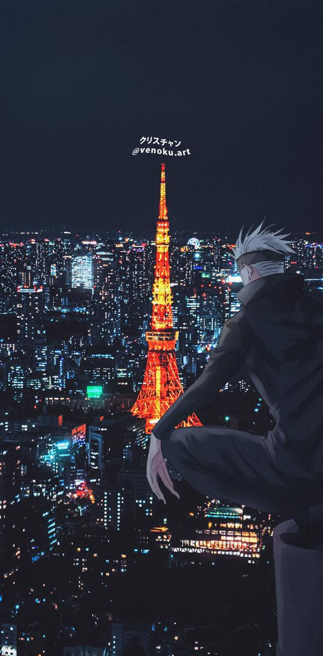 東京鐵塔 桌布 壁紙 — 一個白髮動漫角色坐著俯瞰東京鐵塔，在夜晚的黑暗城市景觀中發出橙色光芒。