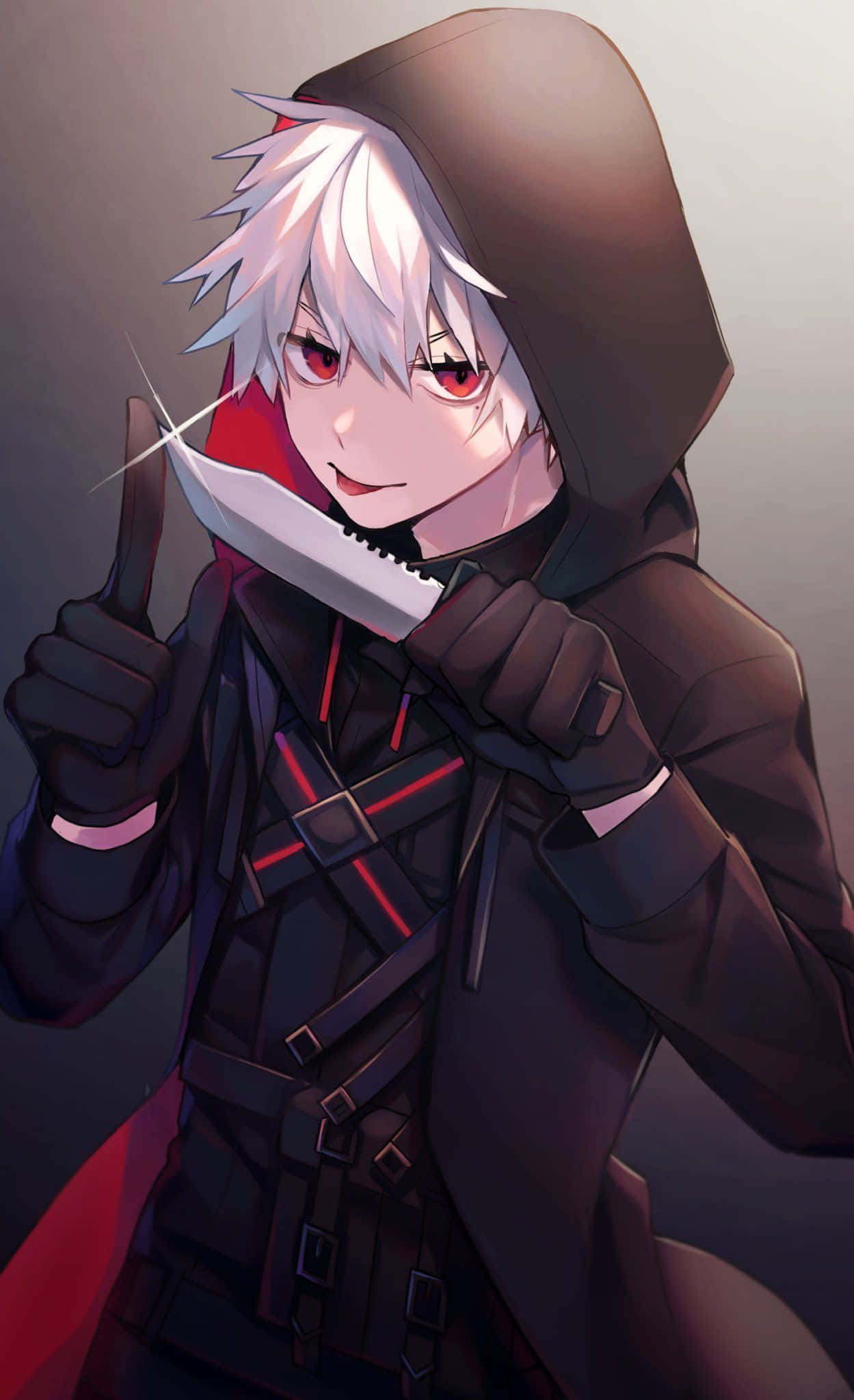 動漫惡魔 桌布 壁紙 — 一個白髮動漫角色穿著深色連帽服裝，手持鋸齒刀，露出自信的笑容。