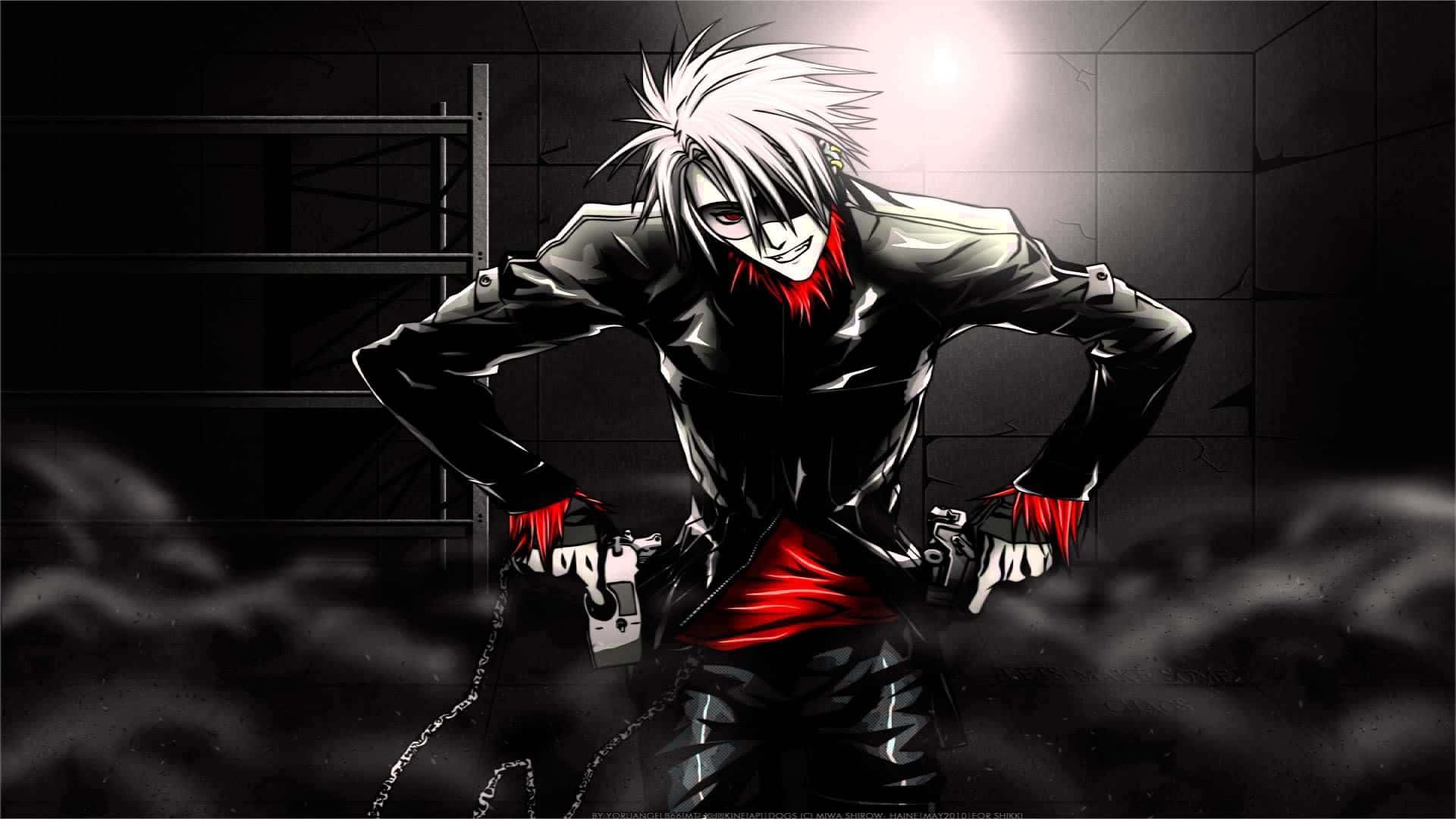 Dark Anime Boy 桌布 壁紙 — 一個白髮動漫角色穿著黑色和紅色的裝備，在黑暗的工業環境中單一聚光燈下挑釁地站立。