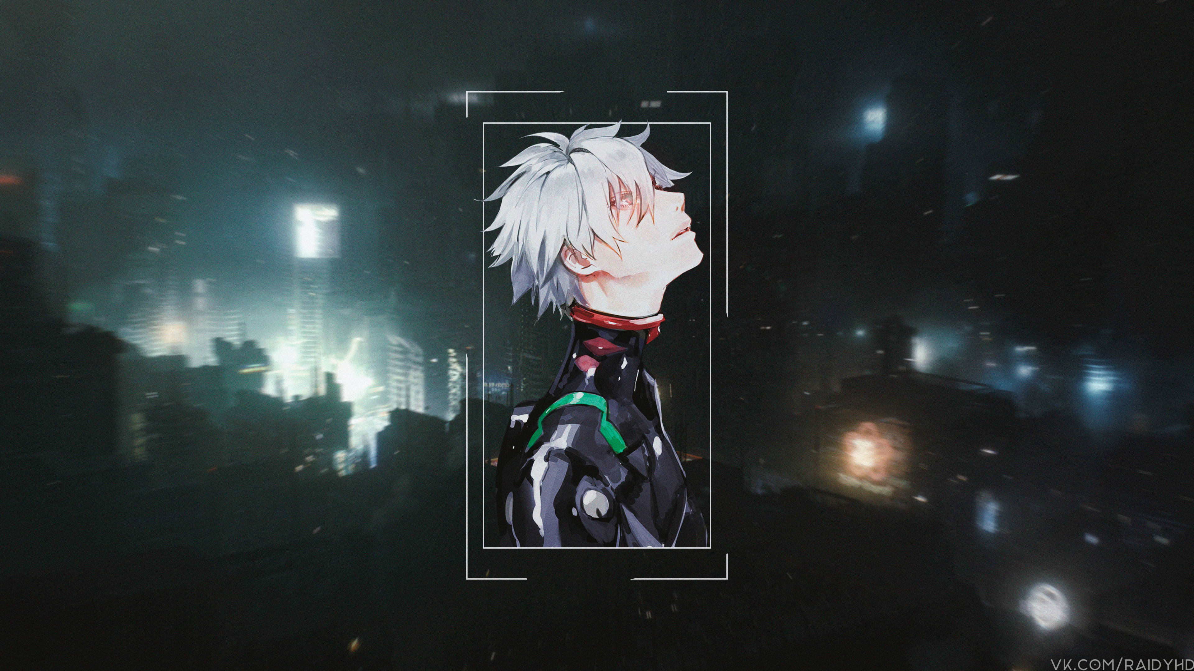 kaworu nagisa 桌布 壁紙 — 一個白髮動漫角色穿著黑色西裝，在夜晚模糊的霓虹燈城市景觀中向上凝視。
