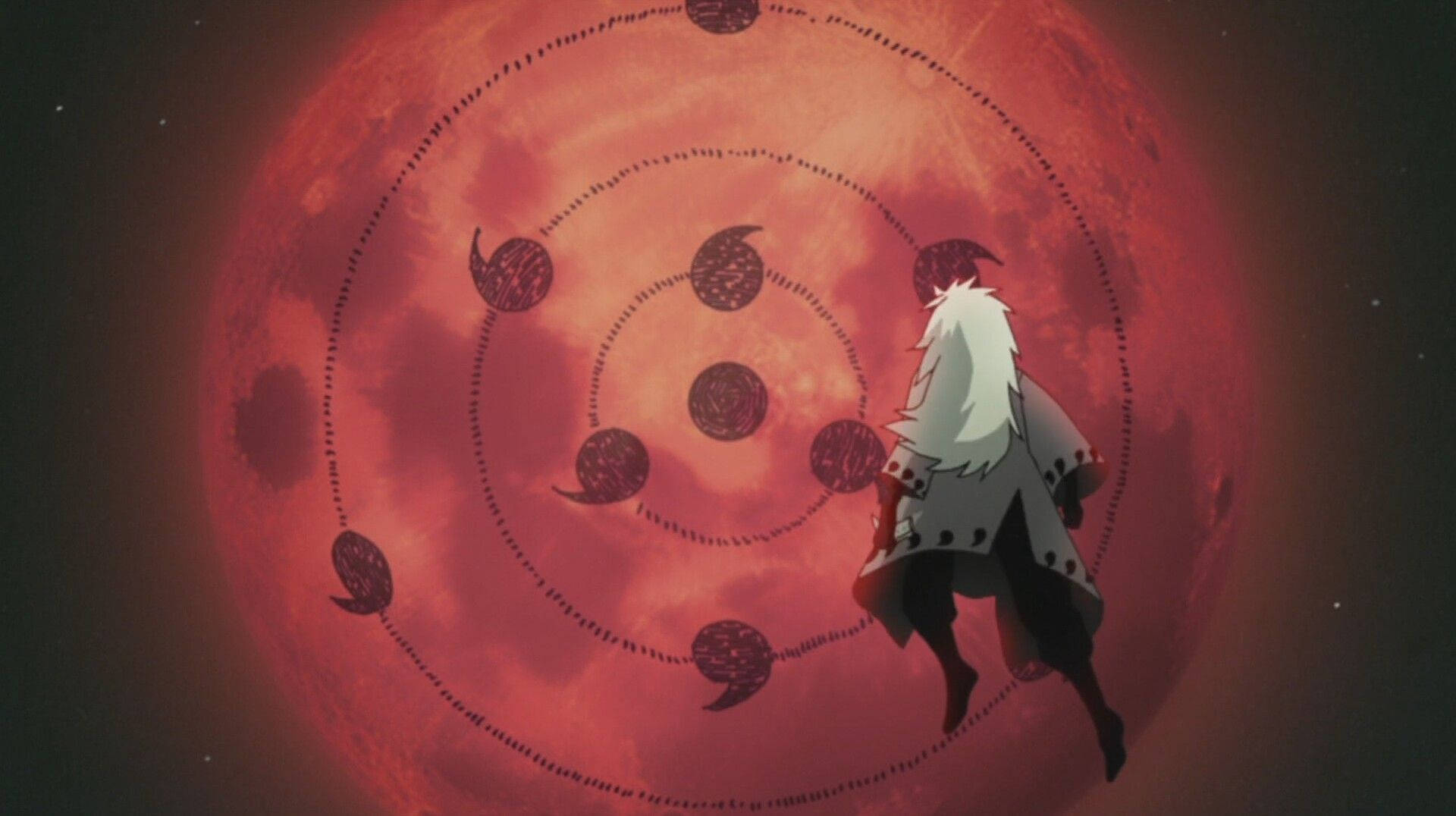 Tsukuyomi 桌布 壁紙 — 一個白髮動漫角色站在一個巨大的紅色月亮前，九個巴紋符號以螺旋圖案繞其運行。