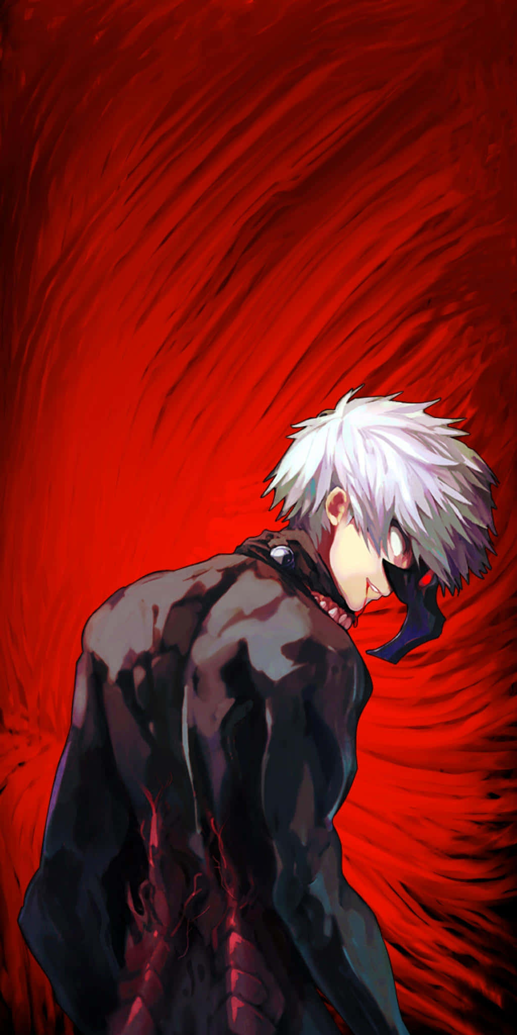 Kaneki Phone 桌布 壁紙 — 一個白髮動漫角色身穿深色外套，站在旋轉的深紅色背景前，表情堅定。