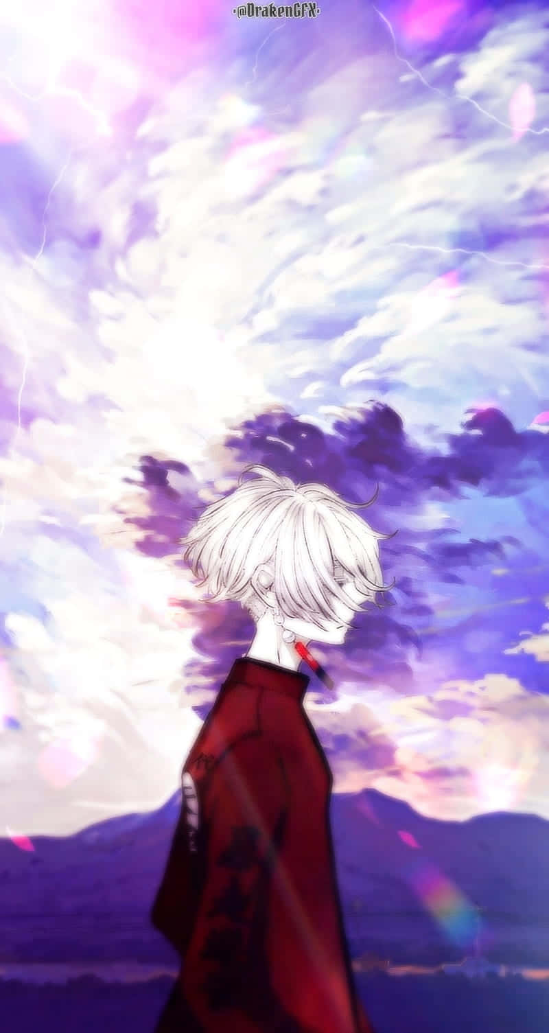 Izana 桌布 壁紙 — 一個白髮動漫角色身穿紅色長袍，在帶有閃電的鮮豔紫色和粉紅色暴風雨天空的襯托下呈現剪影。
