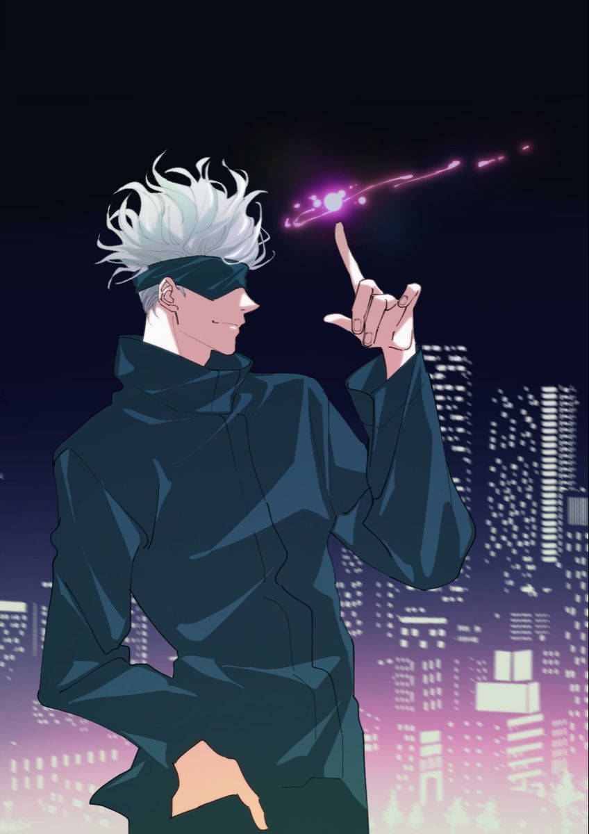 動漫角色在夜晚向發光的城市施放紫色魔法。