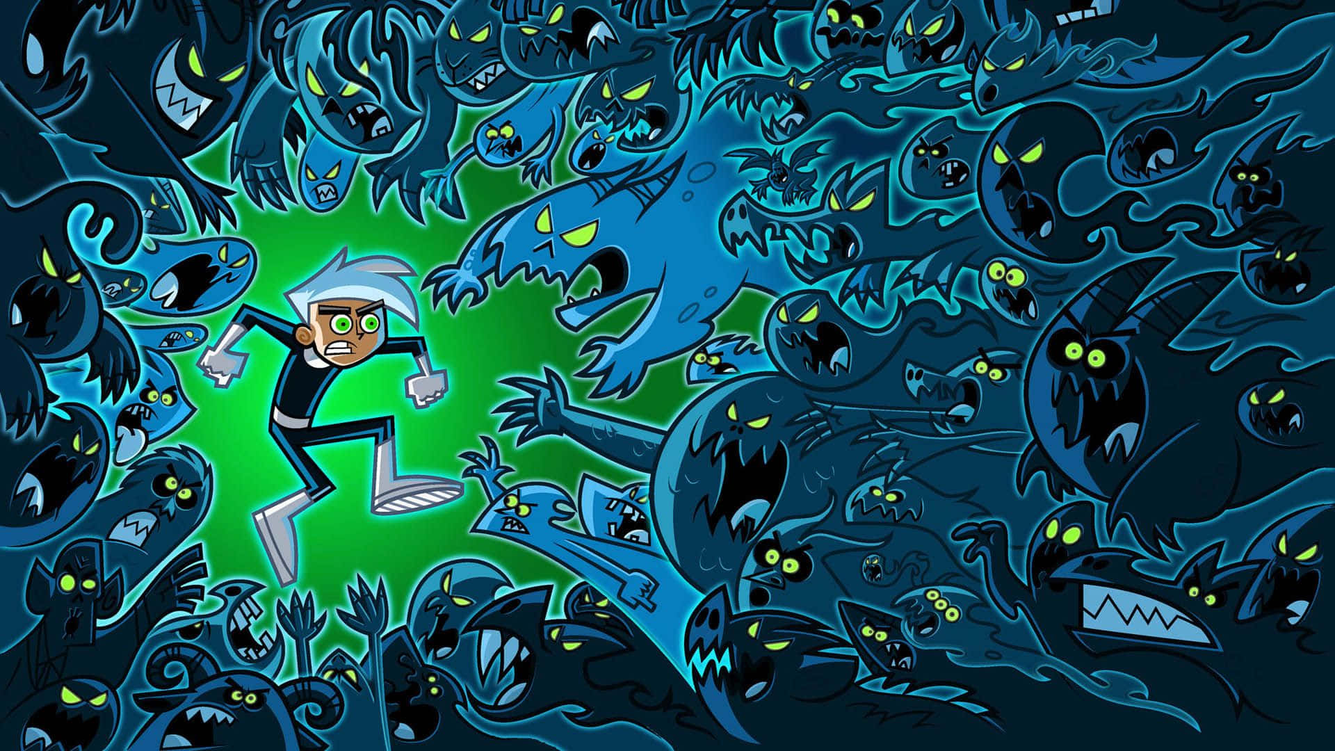 Danny Phantom 桌布 壁紙 — 一個白髮卡通男孩瘋狂地跑過一群藍色幽靈般的怪物，它們有發光的黃色眼睛。