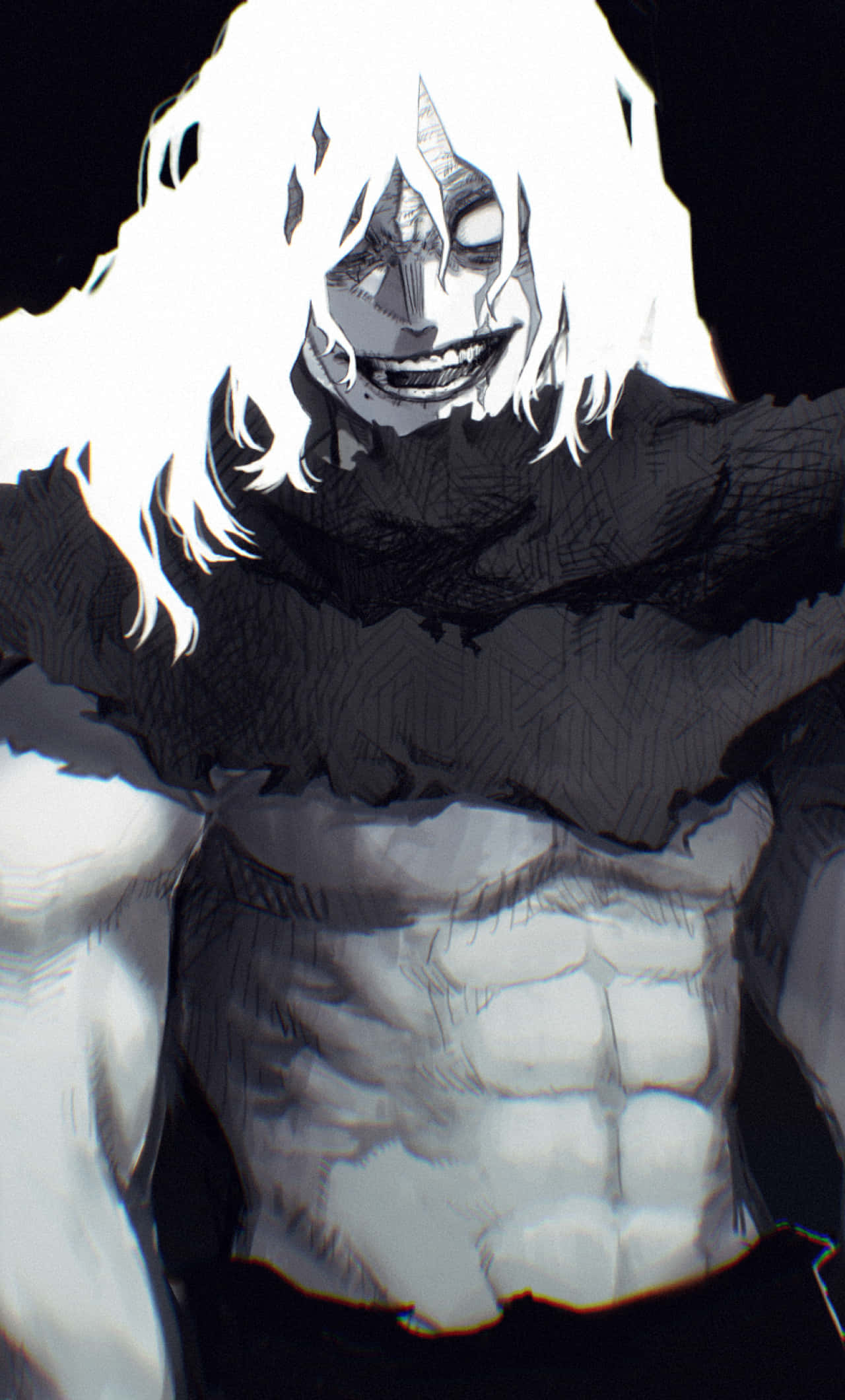 Tomura Shigaraki 桌布 壁紙 — 一個白髮咧嘴笑的可怖動漫角色，在黑暗背景下凝視著。