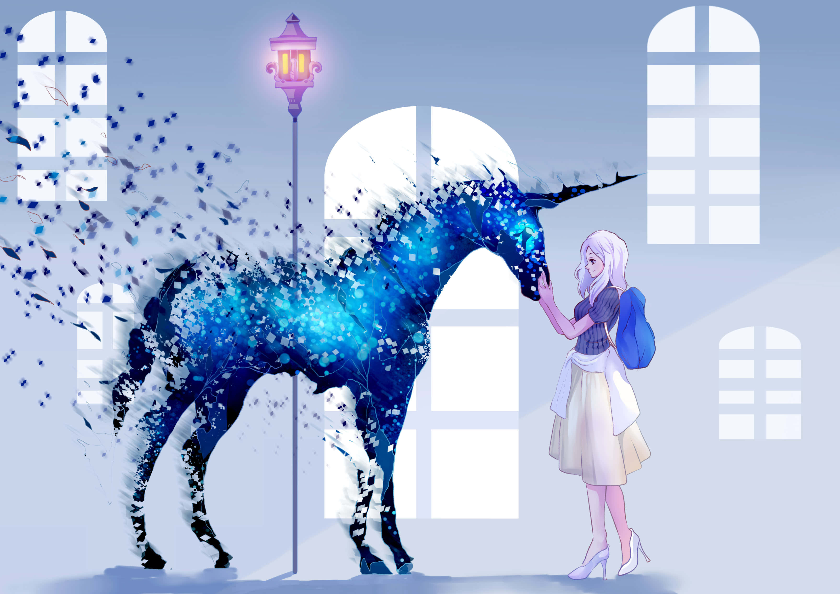 Unicorn Coloring 桌布 壁紙 — 一個白髮女孩在簡約的城市環境中，輕輕觸碰著發光的藍色像素獨角獸，旁邊是一盞亮著的街燈。