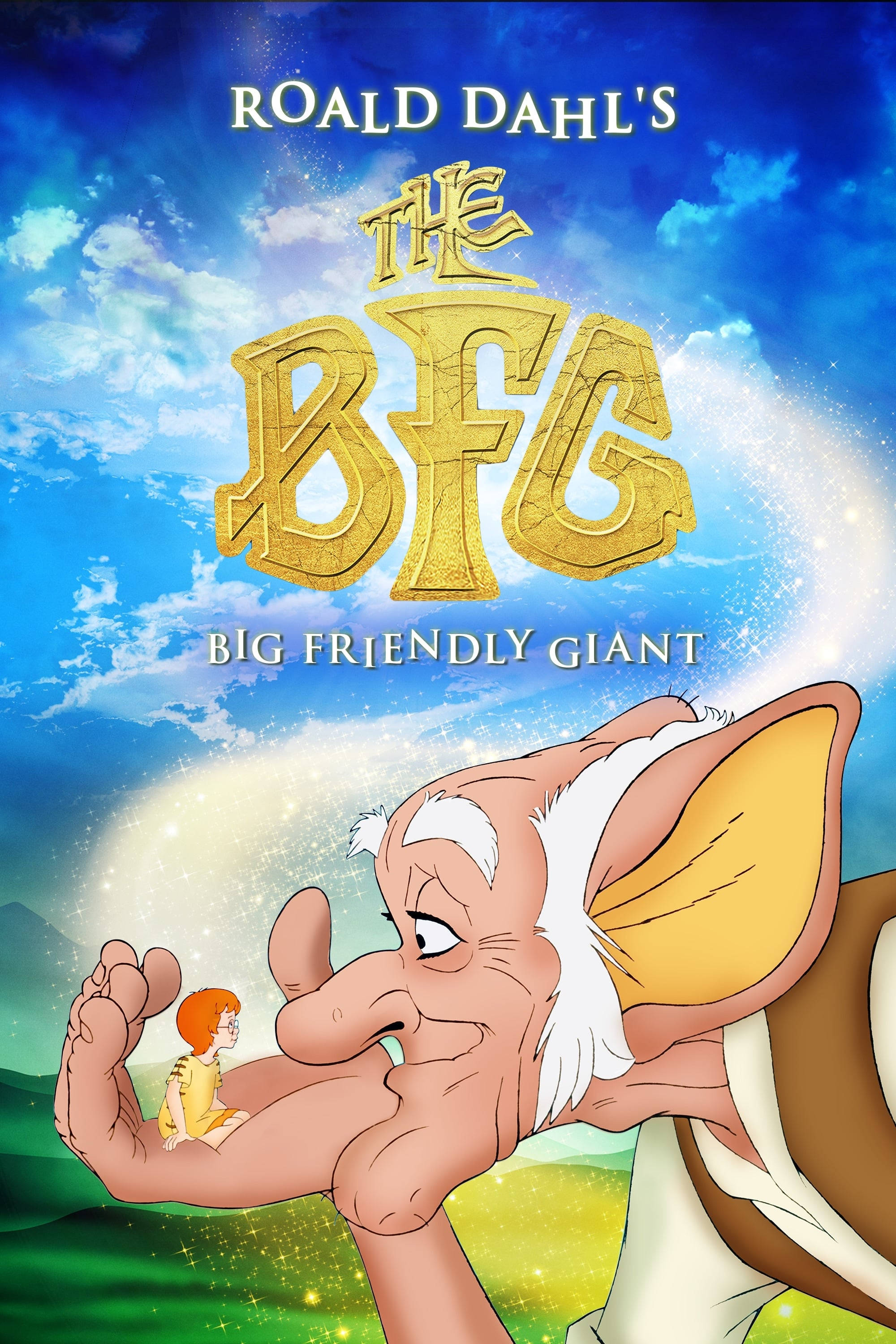 Bfg 桌布 壁紙 — 一個白髮巨人溫柔地將一個小女孩捧在掌心，背景是明亮的藍天白雲和金色標題文字。