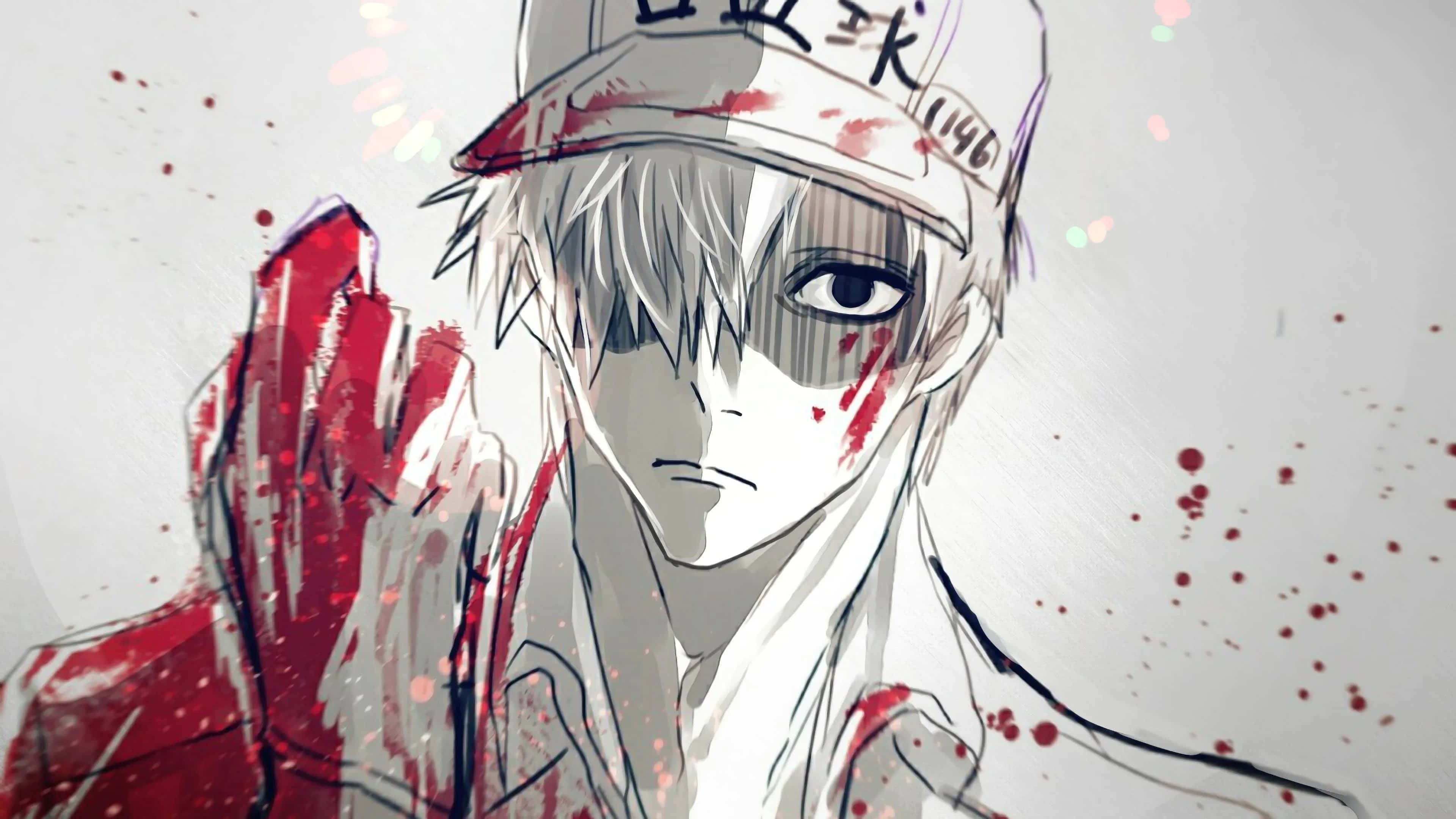 Cells At Work 桌布 壁紙 — 一個白髮帶血漬的粗獷動漫角色，手持紅色武器，眼神銳利。