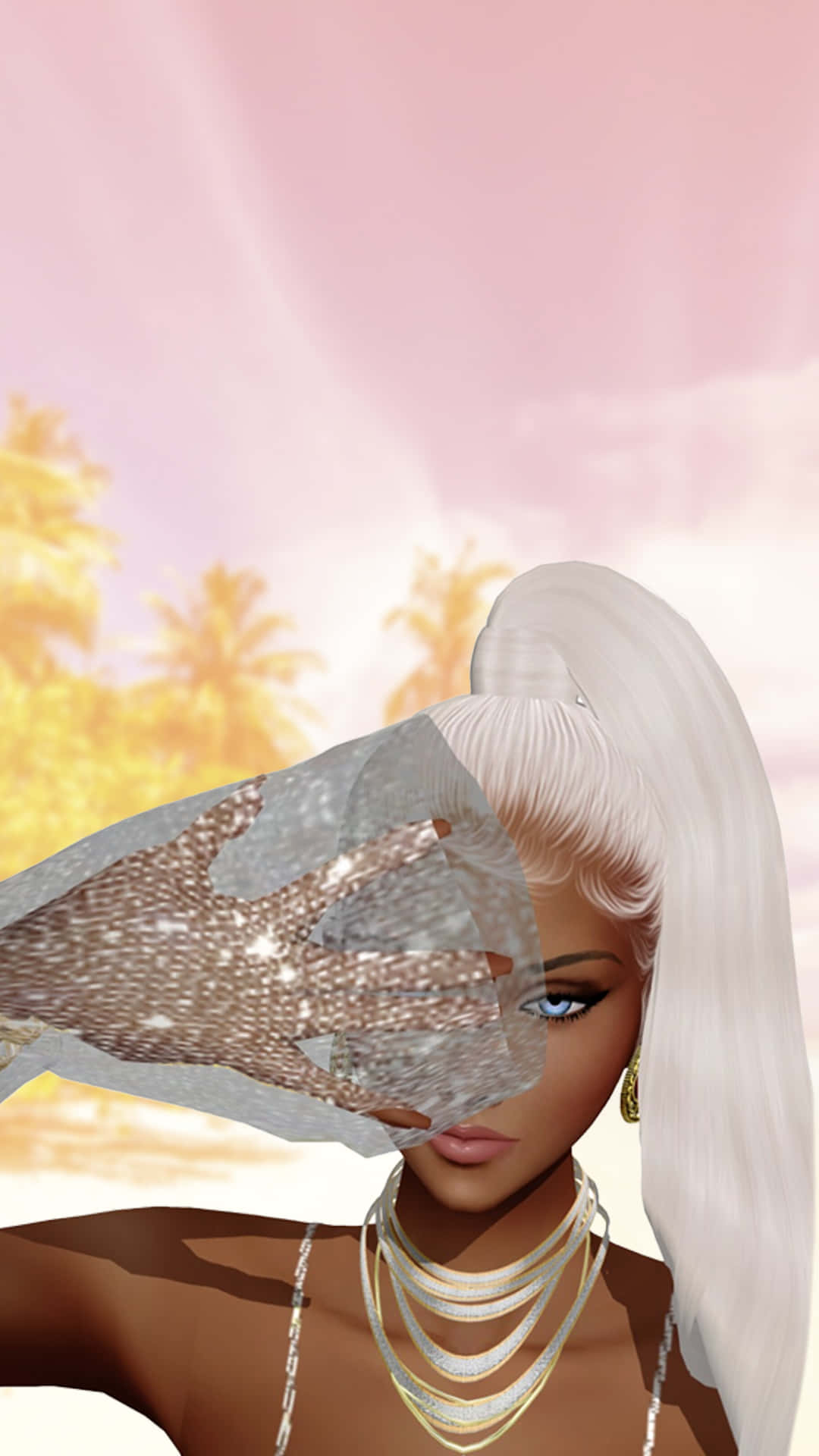 imvu 桌布 壁紙 — 一個白髮戴金飾的數位虛擬角色，在粉紅色天空和棕櫚樹背景下，手持閃閃發光的透明盾牌。
