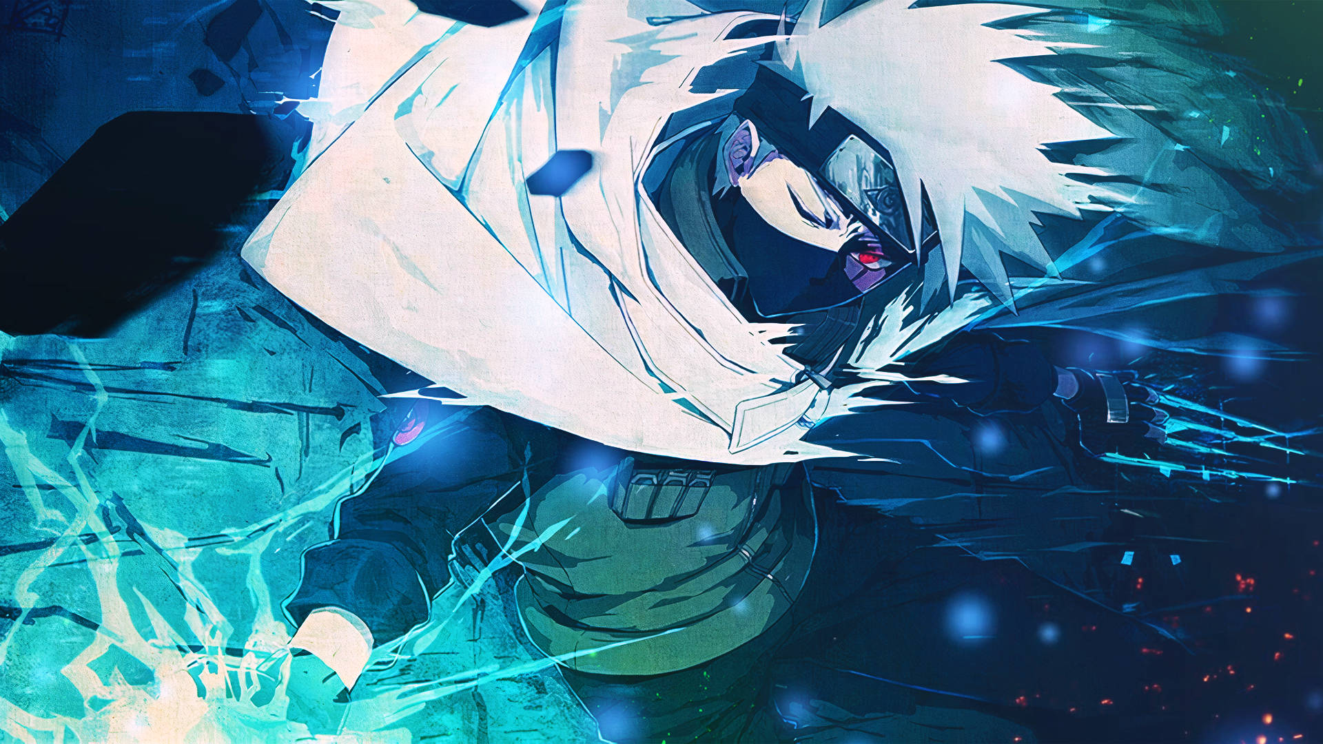 Kakashi Hatake 桌布 壁紙 — 一個白髮戴面具的動漫角色在動態戰鬥場景中釋放出藍色能量攻擊。