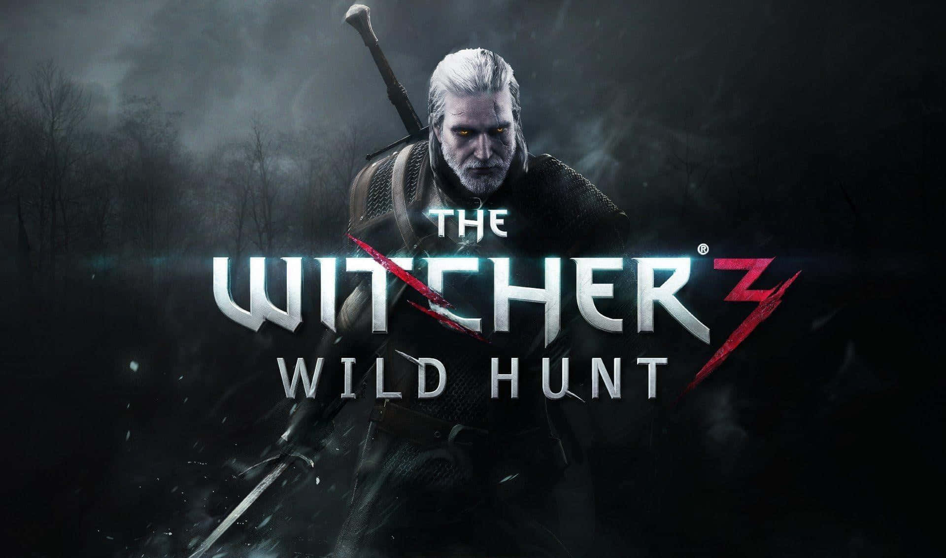 The Witcher 3 Wild Hunt 桌布 壁紙 — 一個白髮持劍的陰沉戰士站在暴風雨天空下的黑暗霧氣森林中。