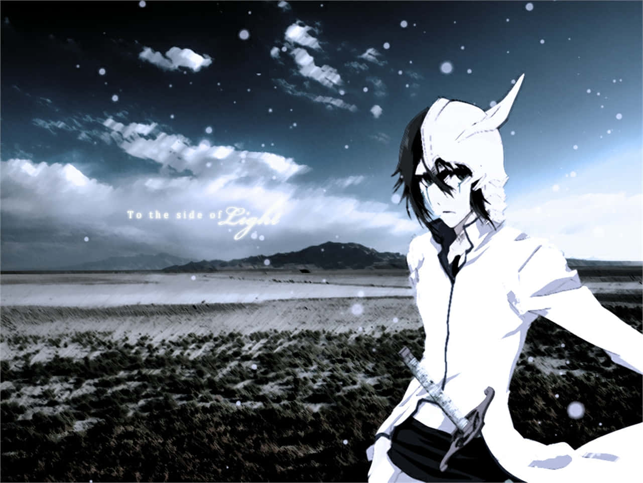 Ulquiorra Cifer 桌布 壁紙 — 一個白髮有角的動漫角色站在雪地裡，頭上是星光燦爛的黃昏天空。