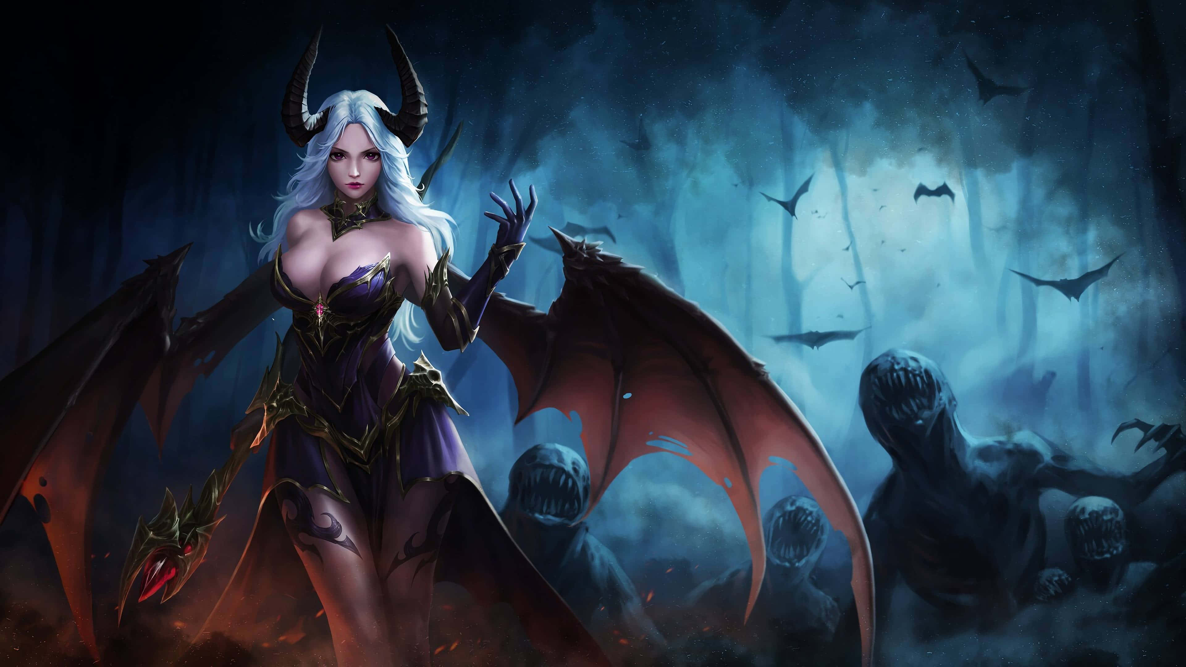Cool Demon 桌布 壁紙 — 一個白髮有角的惡魔女子站在黑暗的森林中，蝙蝠飛舞，陰影怪物潛伏在她身後。