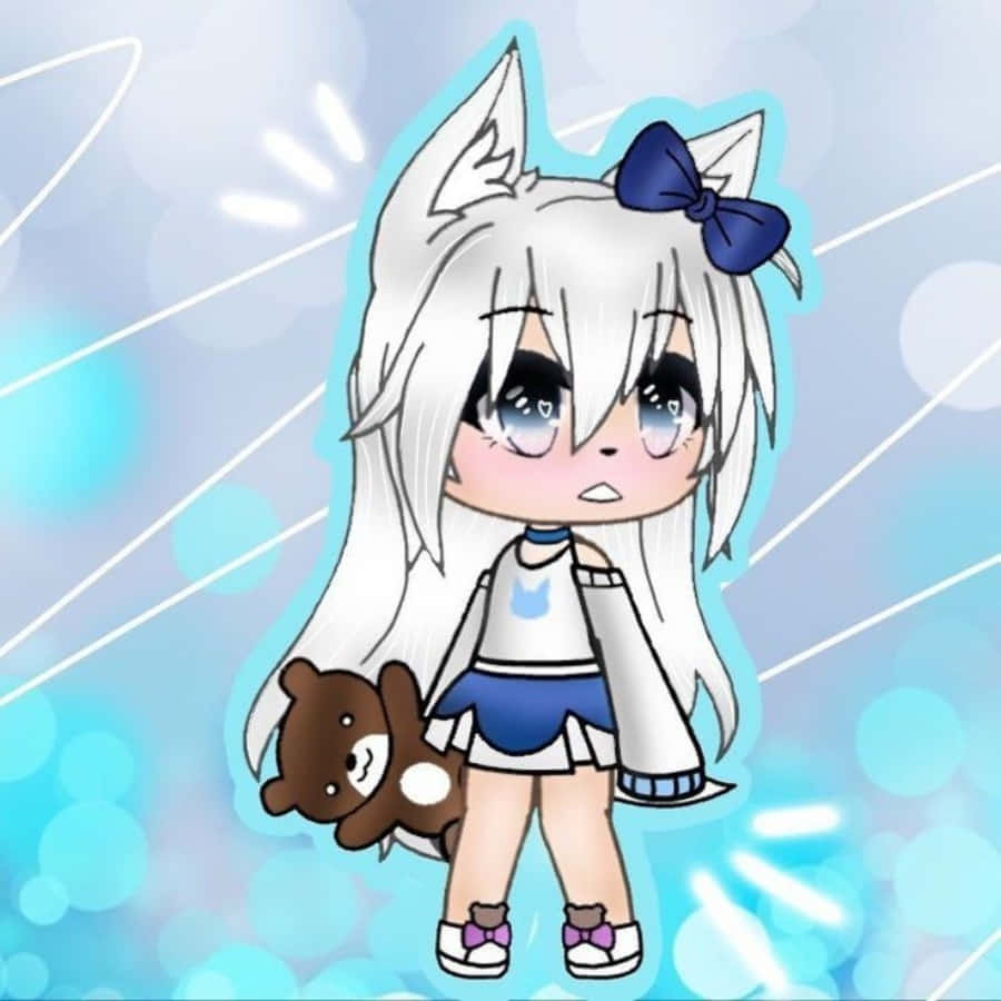 Gacha Life 桌布 壁紙 — 一個白髮狐耳的可愛動漫女孩，在閃爍的藍色背景前抱著一隻泰迪熊。
