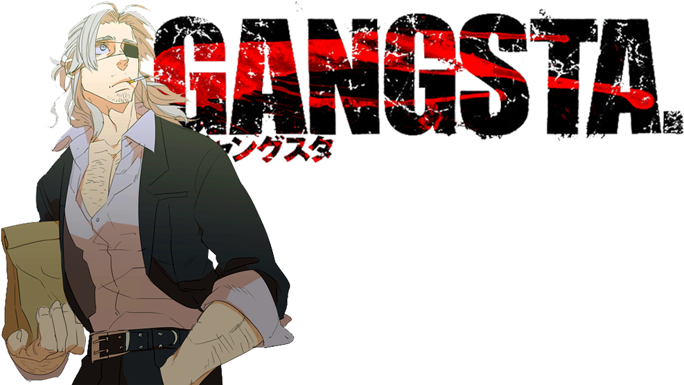 Gangsta 桌布 壁紙 — 一個白髮獨眼的粗獷動漫角色站在黑色背景前，面前是一個濺滿血的 'GANGSTA' 標誌。
