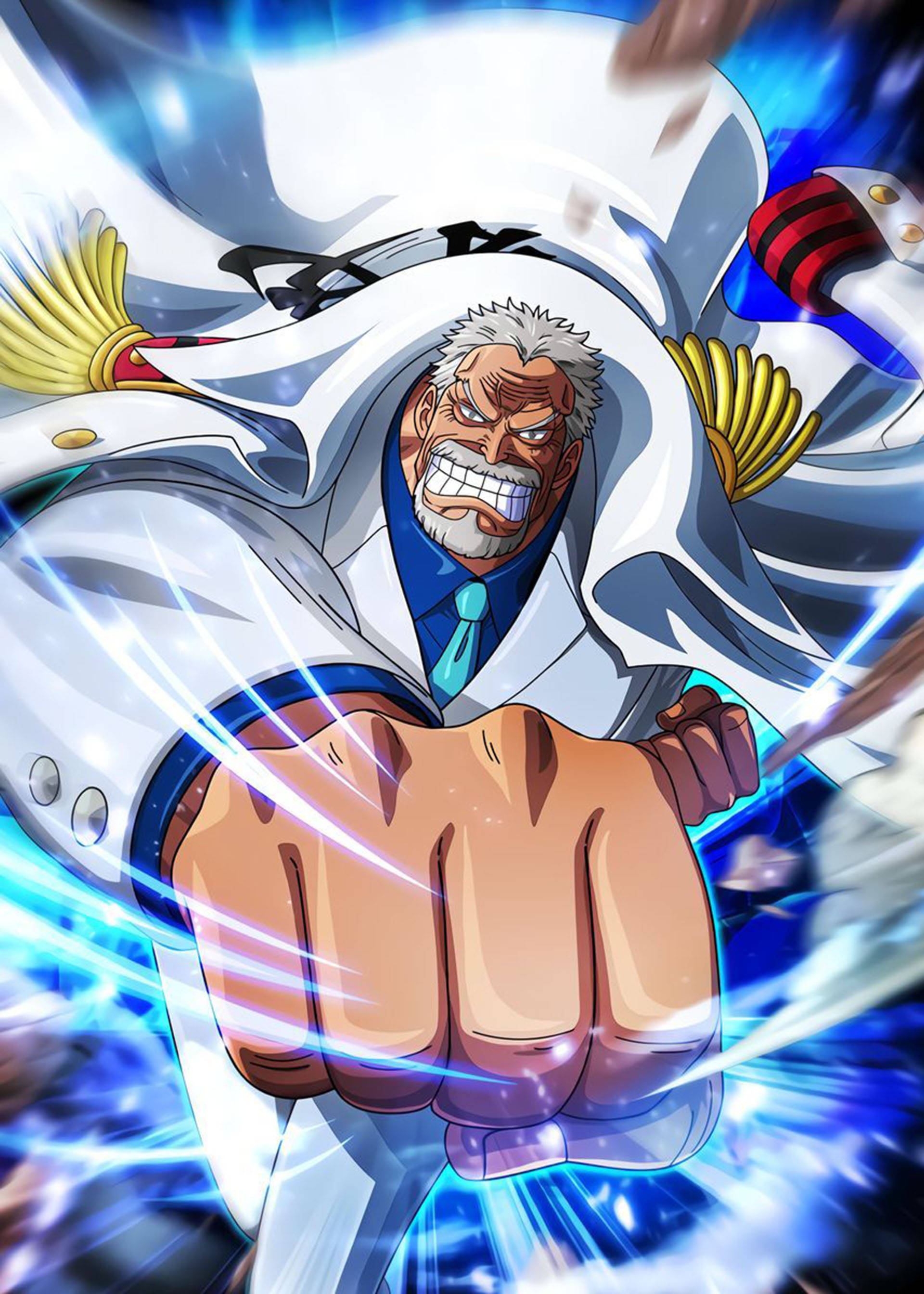 Garp 桌布 壁紙 — 一個白髮白鬚的動漫角色咆哮著向前出拳，周圍環繞著藍色能量條紋。