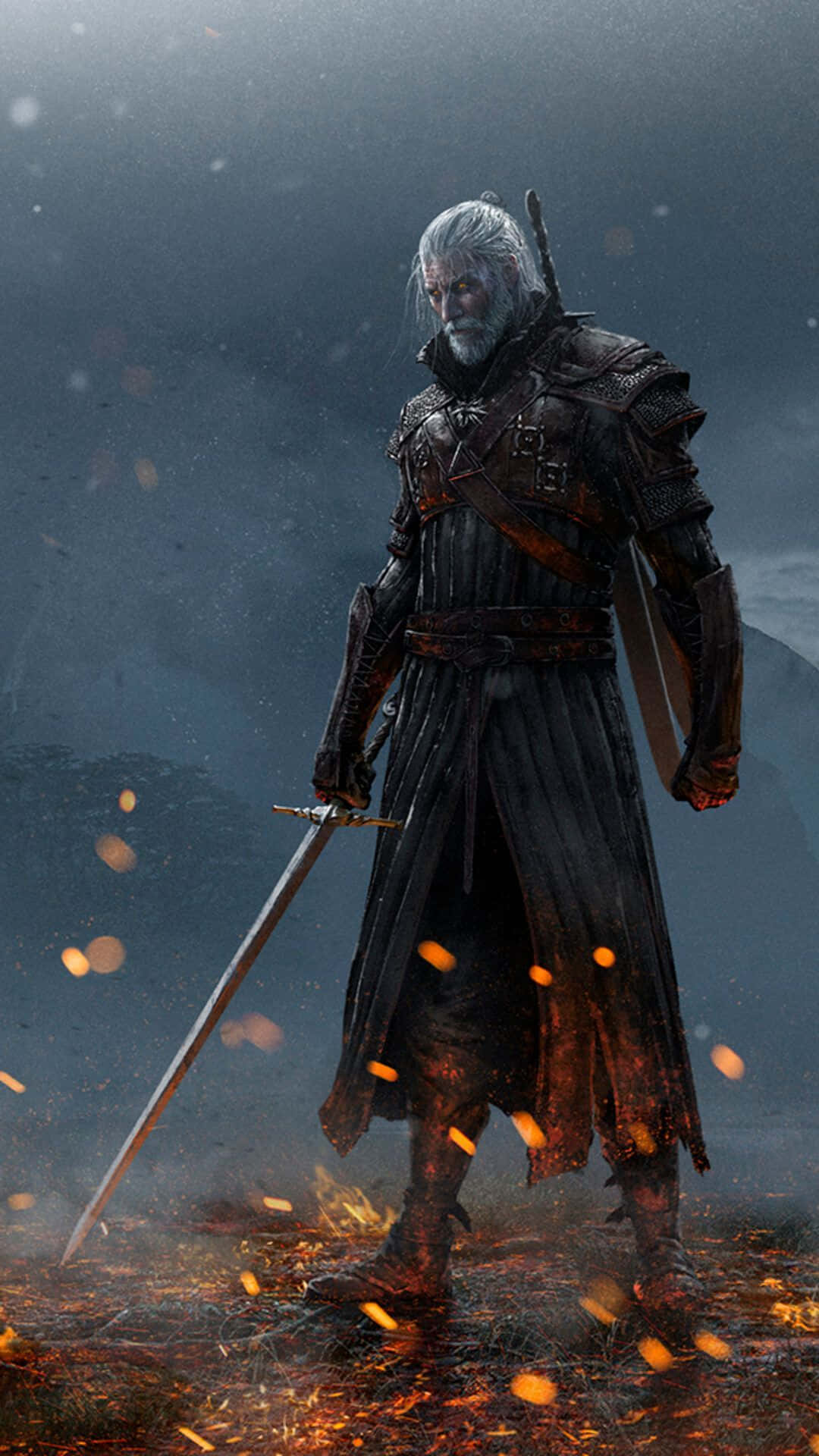 電玩遊戲 桌布 壁紙 — 一個白髮白鬚的陰沉戰士站在黑暗風暴的風景中，手持劍，周圍漂浮著餘燼。