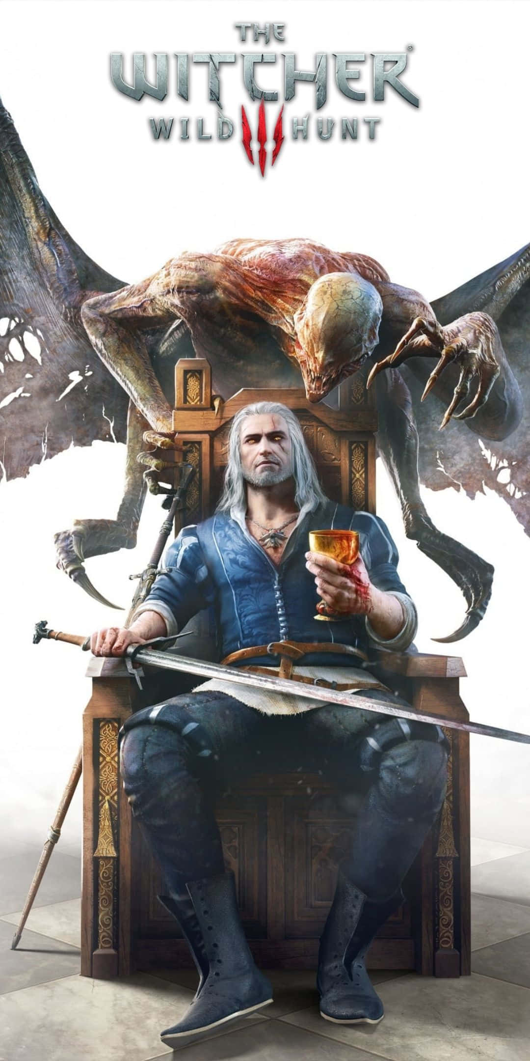 Pixel 3 The Witcher 3 桌布 壁紙 — 一個白髮的冷酷戰士坐在王座上，手持劍和飲料，身後有一隻巨大的有翼怪物若隱若現。