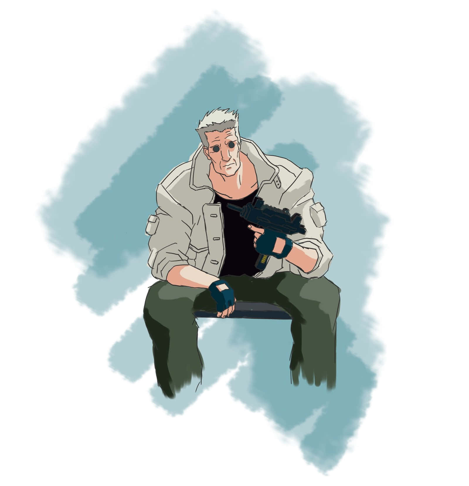 Ghost In The Shell Batou 桌布 壁紙 — 一個白髮的動漫男人坐在柔和的藍色水彩背景前，手持槍支。