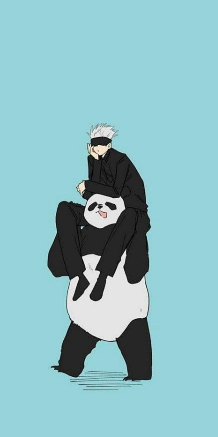 Gojo 桌布 壁紙 — 一個白髮的動漫男人穿著黑色衣服，坐在一隻快樂的熊貓上面，背景是純淺藍色。