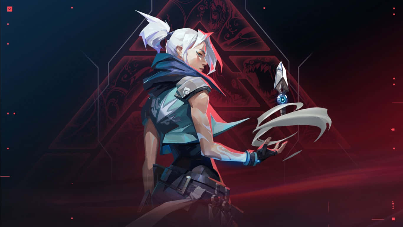1366x768 Valorant 桌布 壁紙 — 一個白髮的動漫角色穿著未來裝備，在深紅色幾何背景前揮舞著發光的刀刃。