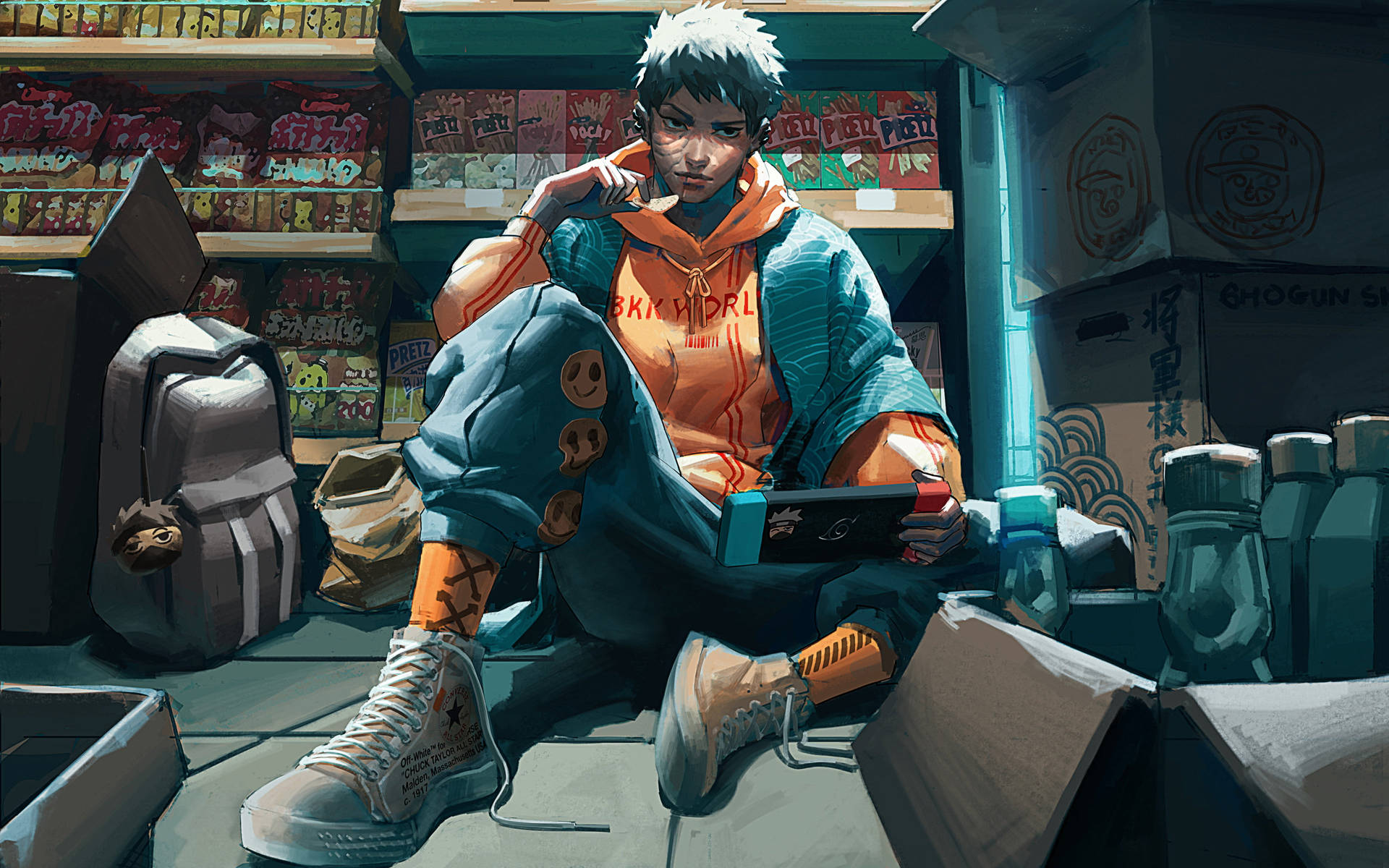  壁紙 — 一個白髮的動漫風格男孩盤腿坐在商店地板上，周圍是零食和盒子，手持一部掌上遊戲機。