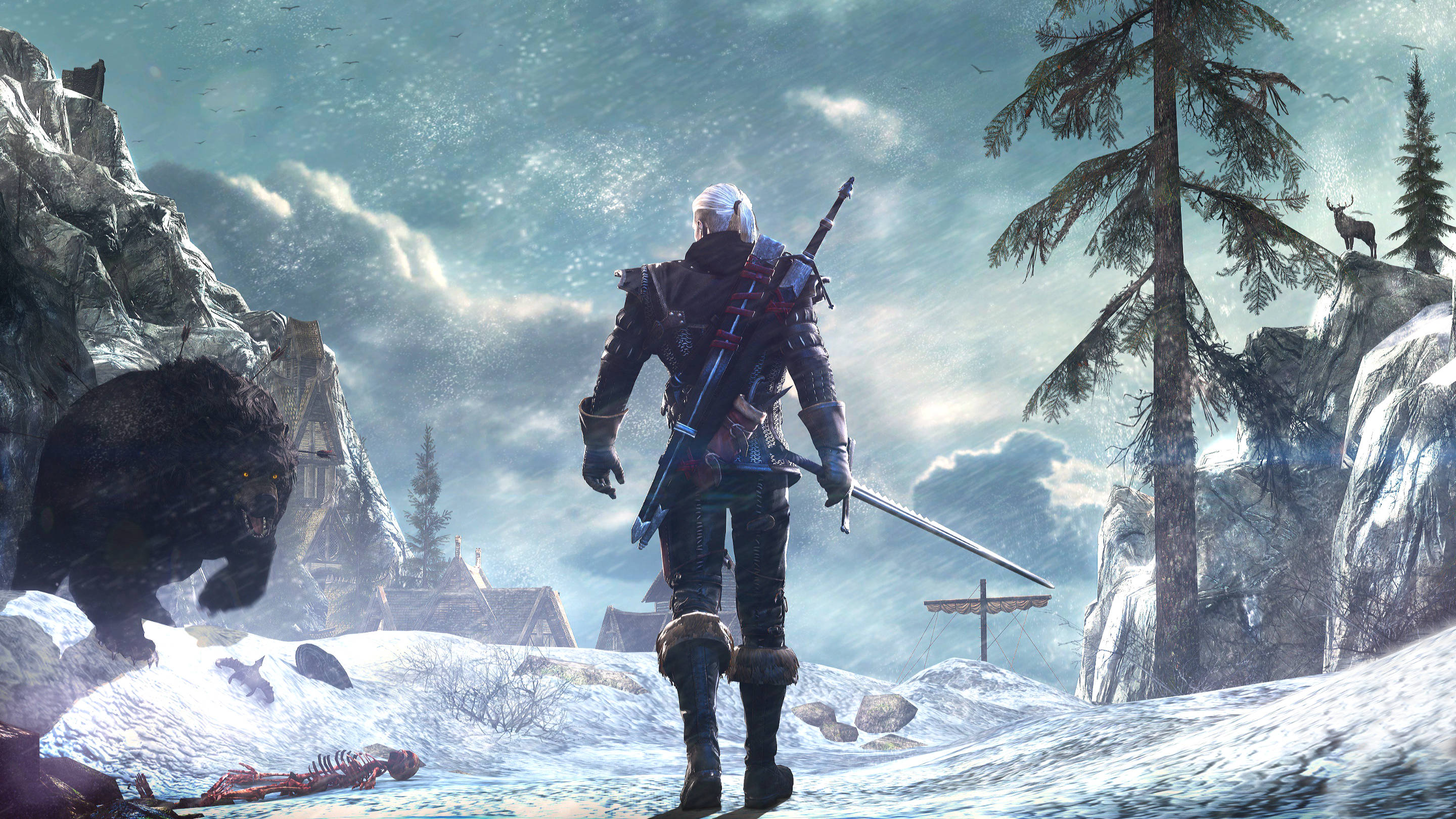 The Witcher 3 桌布 壁紙 — 一個白髮的孤獨戰士站在雪地森林中，手持劍，一隻黑熊正向他衝來。