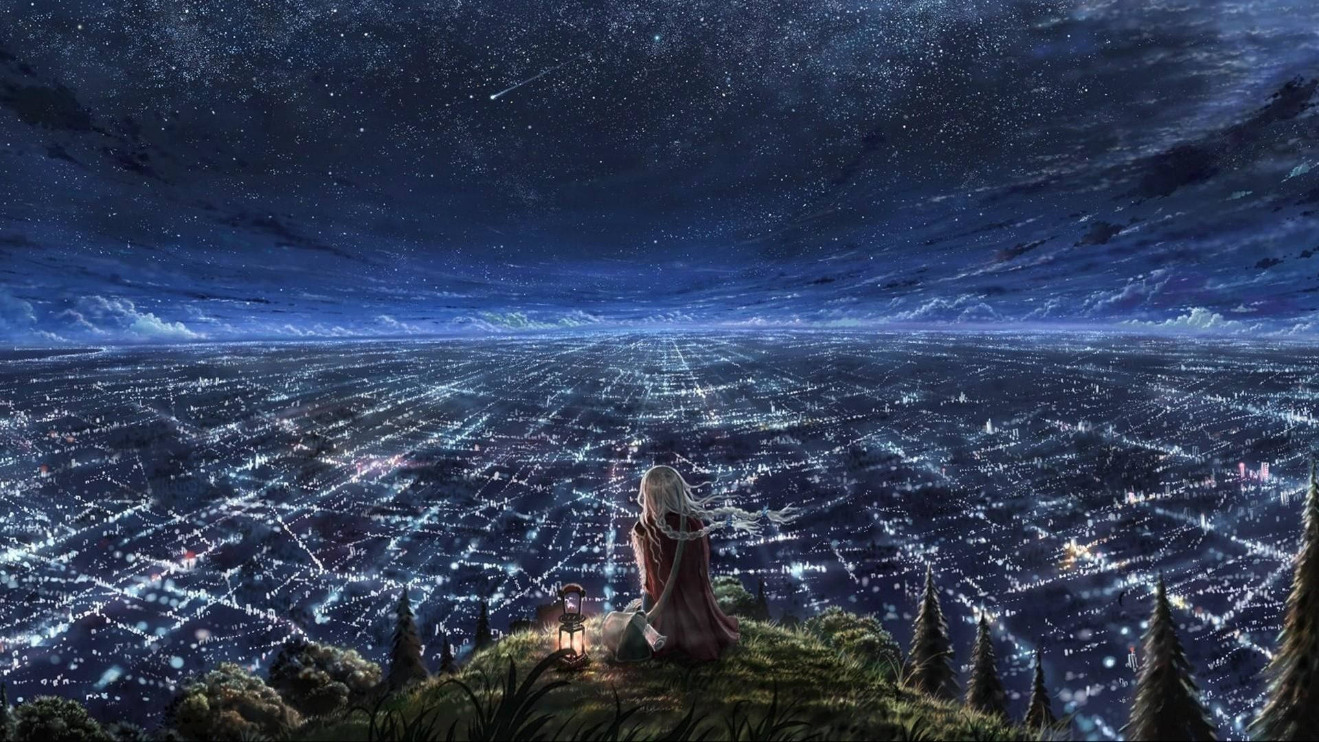 夜空 桌布 壁紙 — 一個白髮的孤獨身影在夜晚坐在山丘上，凝視著星空下被無數燈光照亮的廣闊城市。
