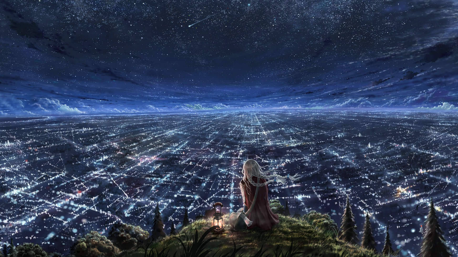 動漫城市 桌布 壁紙 — 一個白髮的孤獨身影在夜晚坐在長滿草的山丘上，手持燈籠，凝視著在繁星點點的天空下，被無數燈光照亮的廣闊城市，天空中有一顆流星。