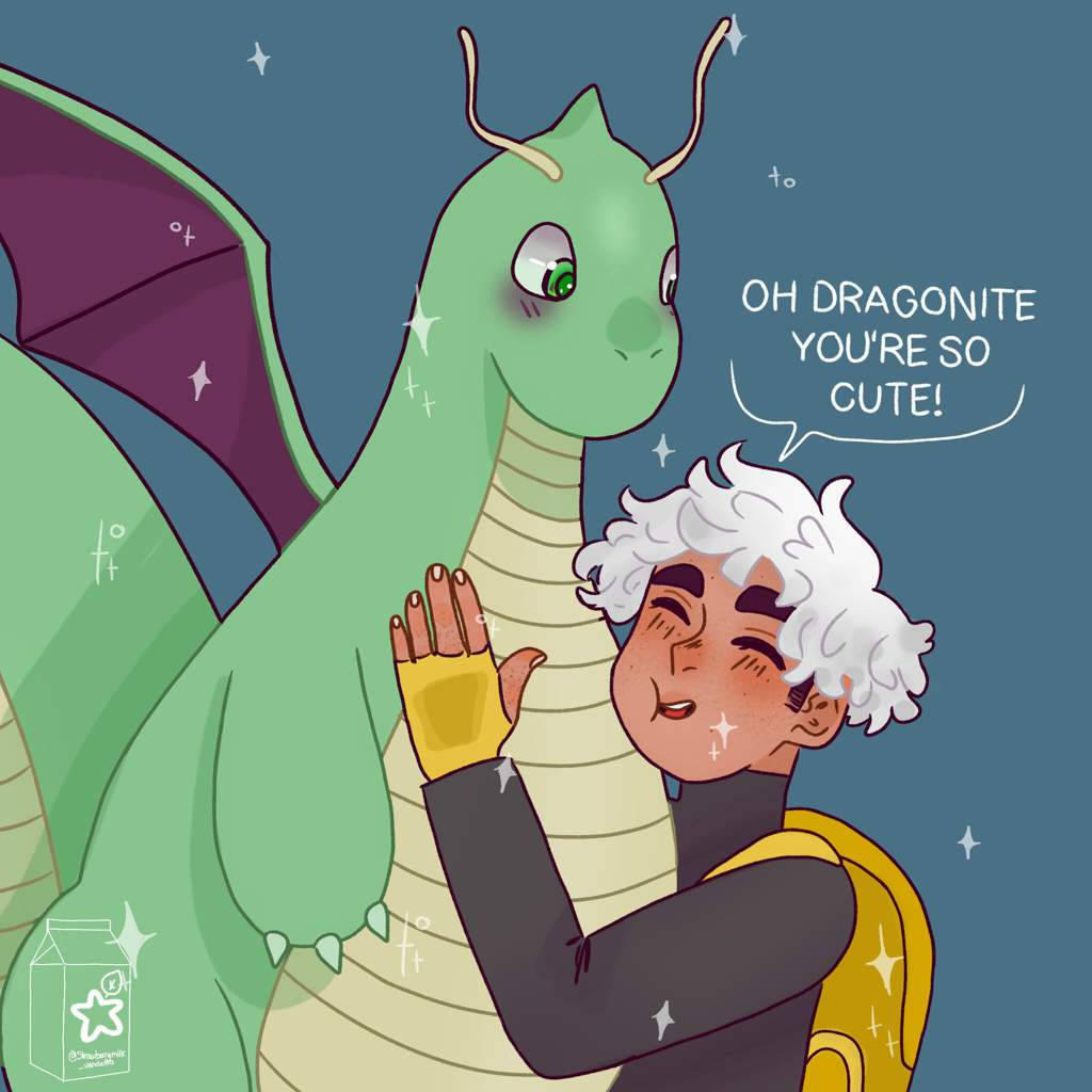 Dragonite 桌布 壁紙 — 一個白髮的快樂人物在星空下擁抱一隻有紫色翅膀的綠色龍。