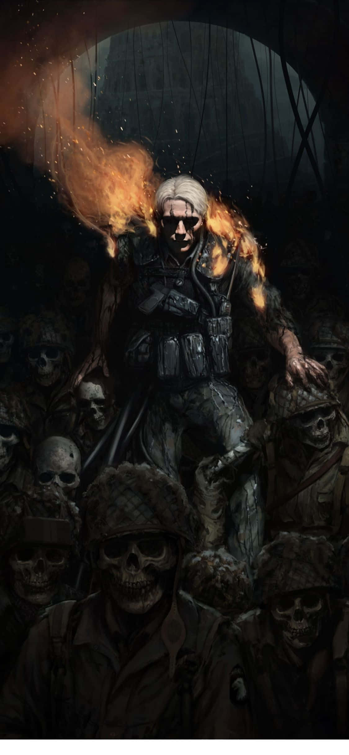 iPhone X Death Stranding 桌布 壁紙 — 一個白髮的火焰士兵站在黑暗隧道中的頭骨上，周圍是穿著戰鬥裝備的骷髏士兵。