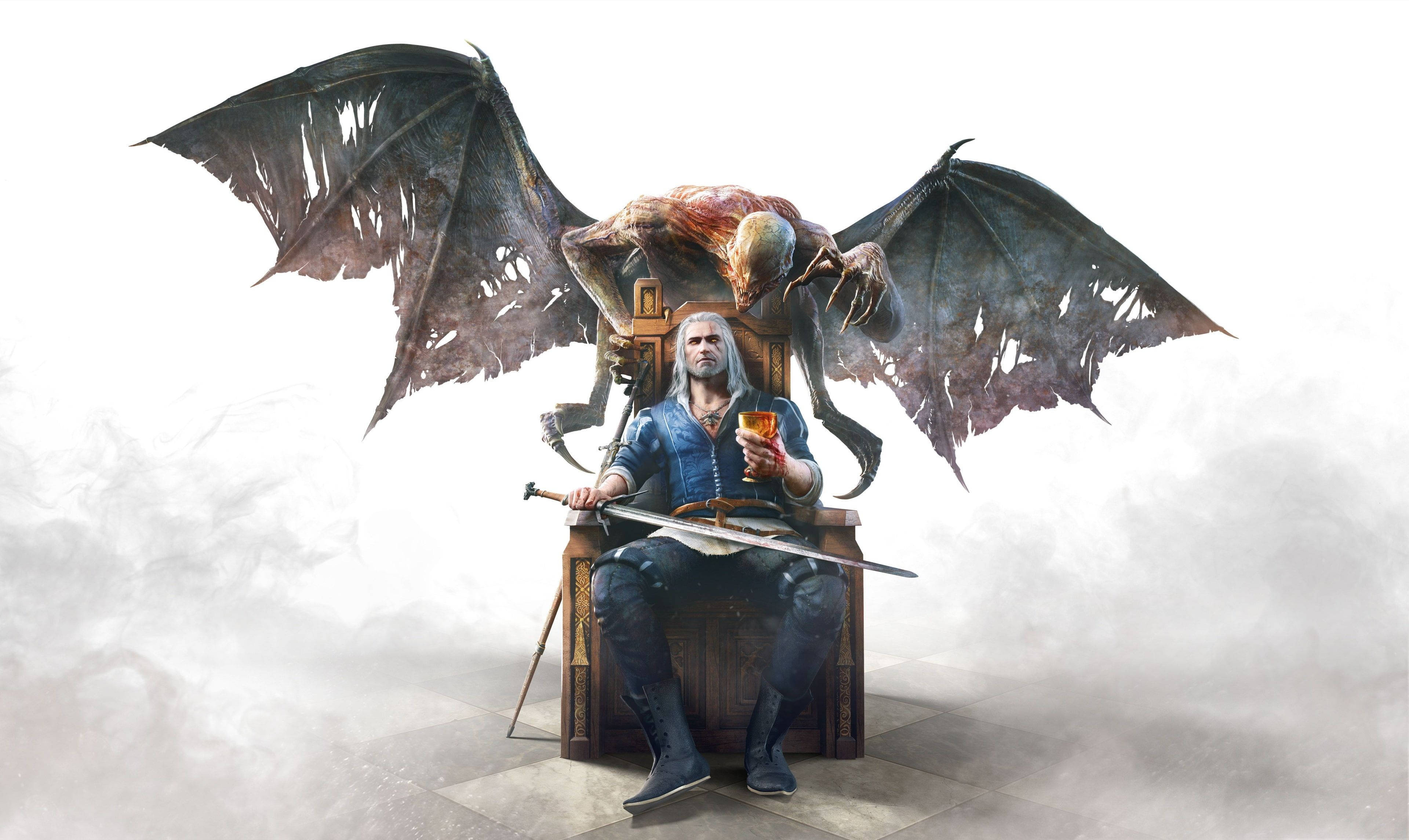 witcher 4K 桌布 壁紙 — 一個白髮的陰沉戰士坐在王座上，手持劍和飲料，身後一隻 monstrous 有翼生物在霧氣瀰漫的背景中隱現。