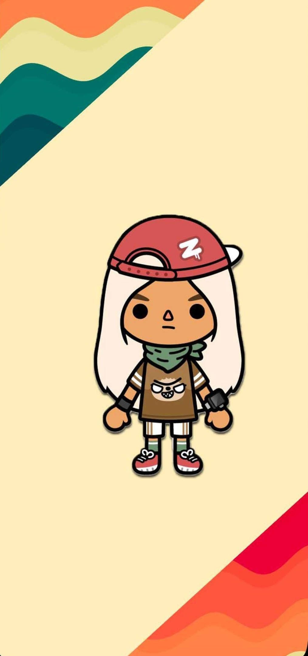Toca 桌布 壁紙 — 一個白髮紅帽的卡通角色站在色彩繽紛的波浪背景前。