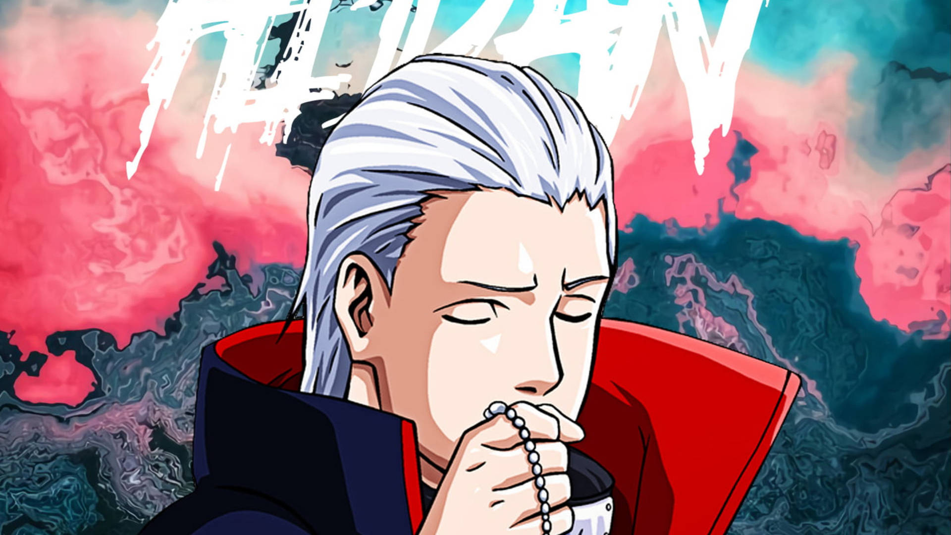hidan akatsuki 桌布 壁紙 — 一個白髮紅斗篷的動漫角色，在充滿活力的粉紅和青綠抽象背景前拿著珠串項鍊。