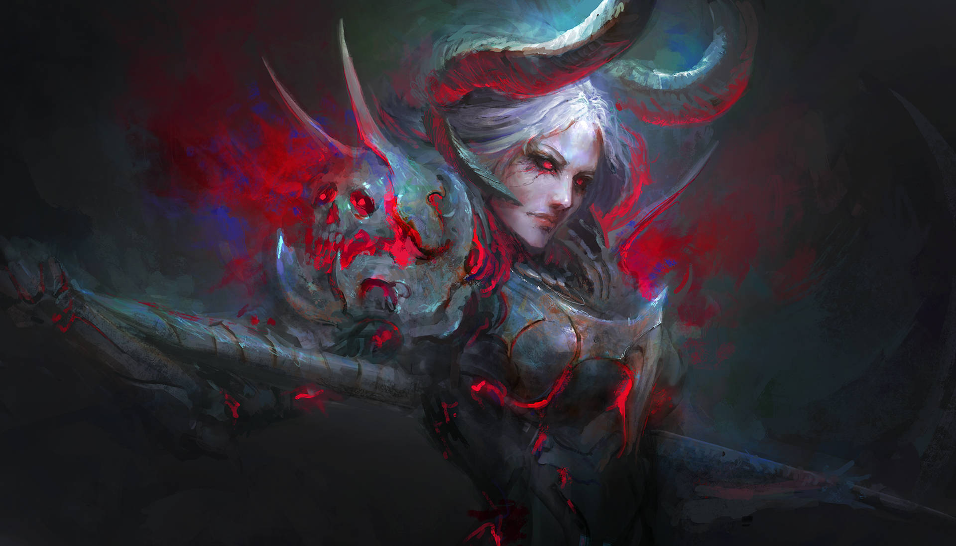 horns 桌布 壁紙 — 一個白髮紅眼、散發惡魔氣息的戰士，在黑暗煙霧背景中揮舞著骷髏頭武器。