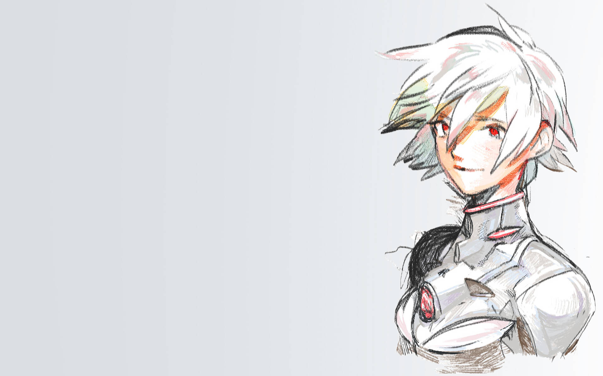 kaworu nagisa 桌布 壁紙 — 一個白髮紅眼、草圖風格的動漫角色，穿著未來風格的服裝，背景是純淺灰色。