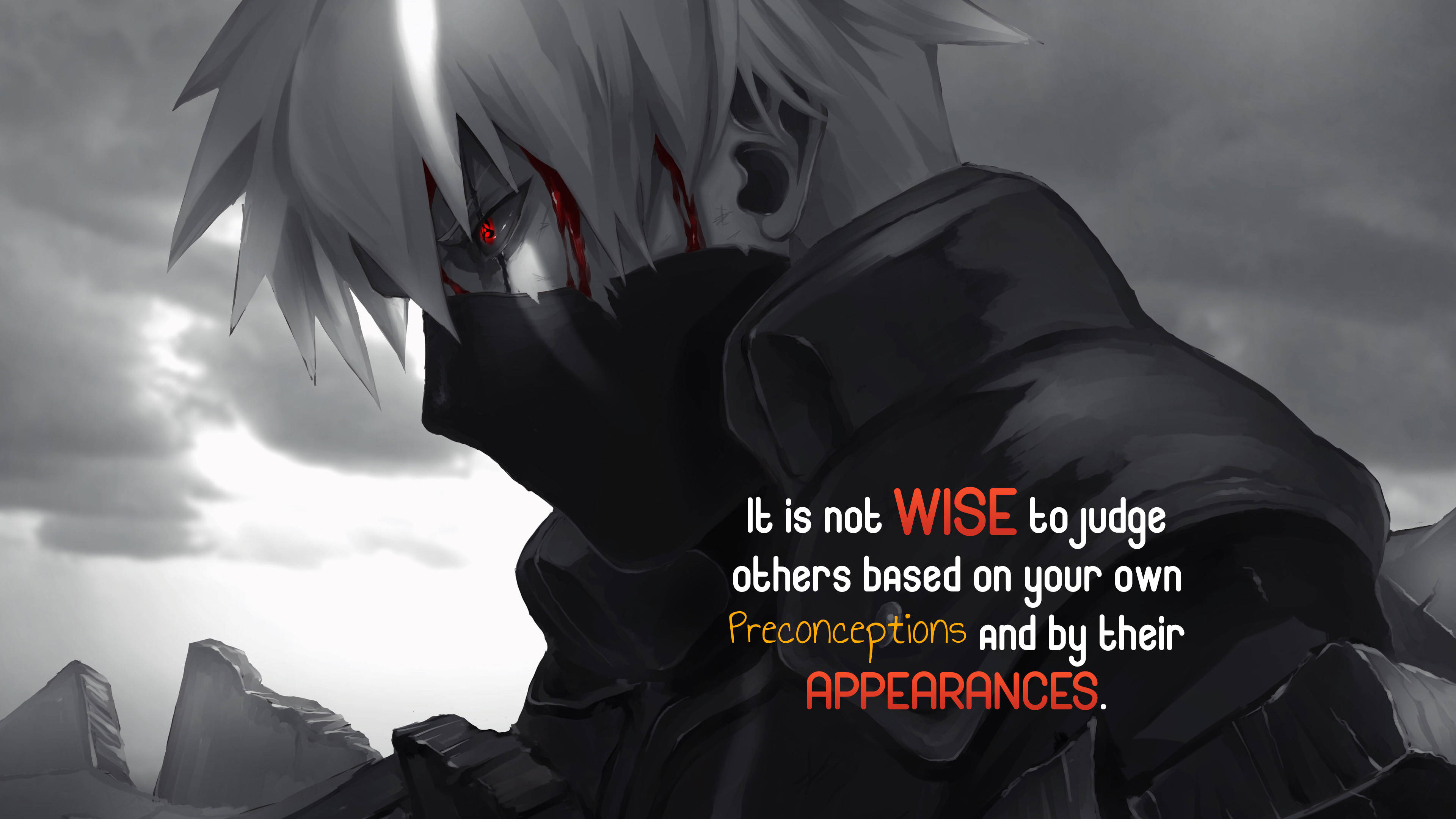 naruto quotes 桌布 壁紙 — 一個白髮紅眼標記的動漫角色，在暴風雨的天空下莊嚴地凝視，帶有勵志文字覆蓋。