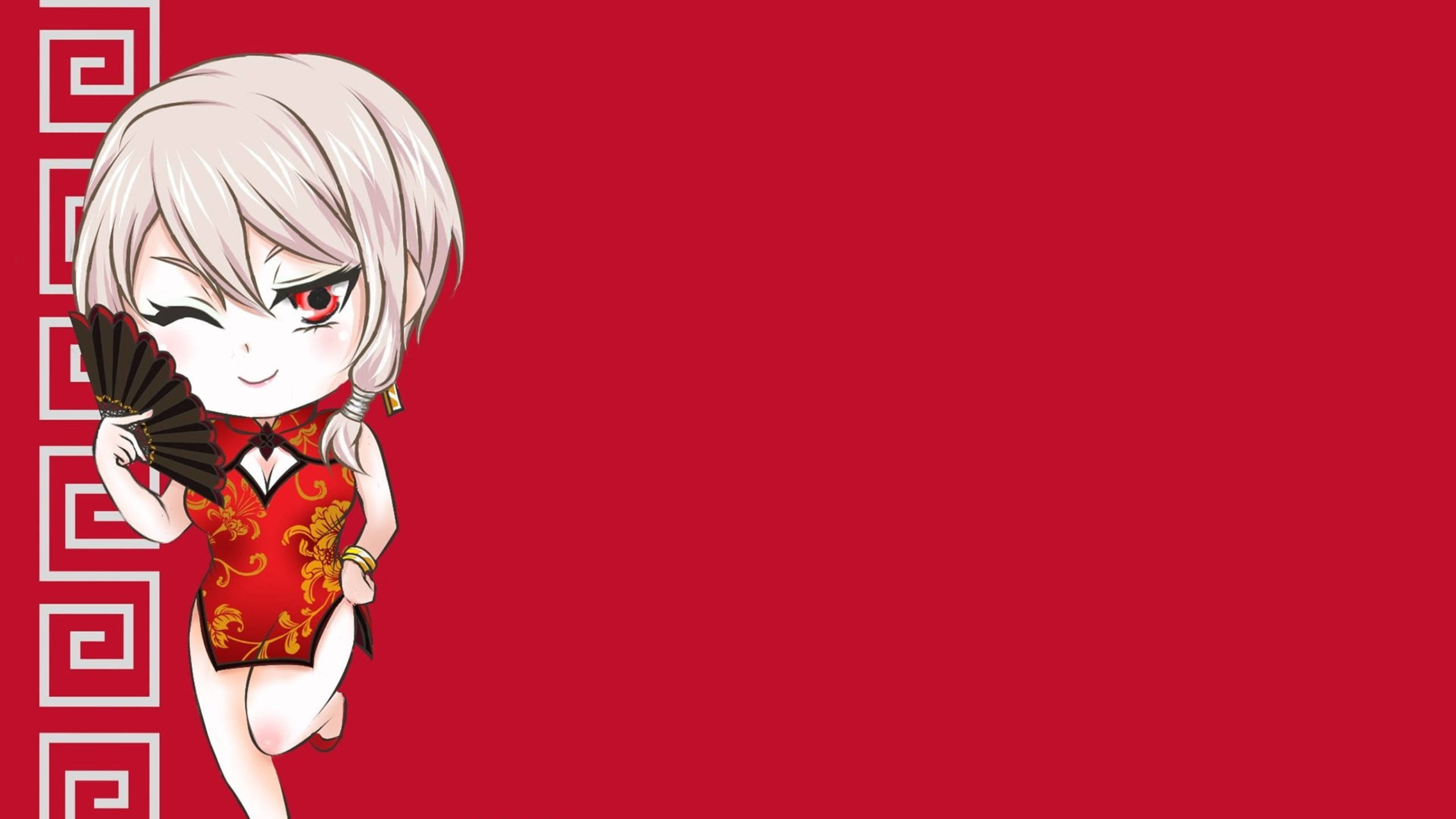 food wars shokugeki no soma 桌布 壁紙 — 一個白髮紅眼的Q版動漫女孩，在白色幾何邊框的大膽紅色背景前，拿著一把黑色扇子眨眼。