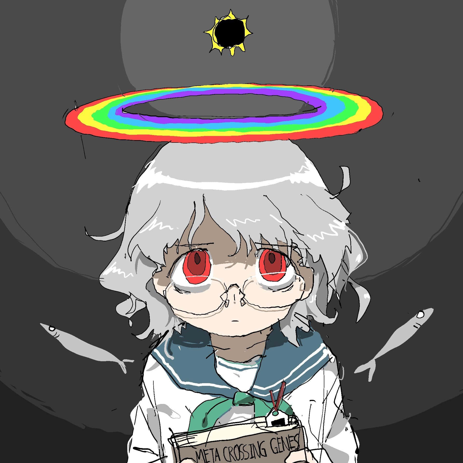 animecore 桌布 壁紙 — 一個白髮紅眼的Q版動漫女孩，戴著彩虹光環，在黑暗背景中手持一本名為《Meta Crossing Genes》的書，周圍有魚游動。