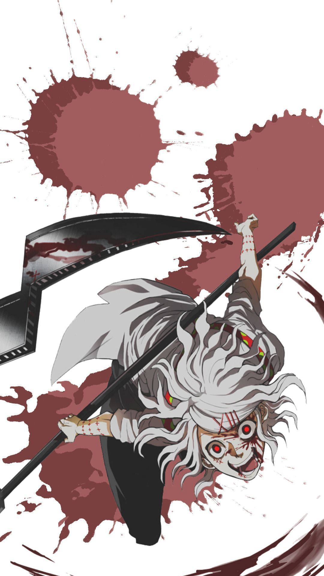 東京喰種 桌布 壁紙 — 一個白髮紅眼的動漫惡魔，在白色背景的血跡中揮舞著鐮刀。