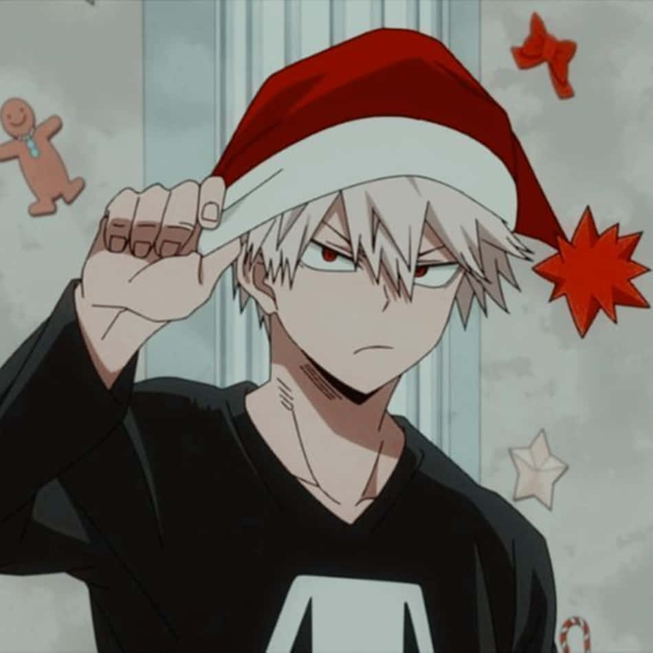 anime boys cute 桌布 壁紙 — 一個白髮紅眼的動漫男孩戴著聖誕帽，一邊調整帽子一邊露出不高興的表情。