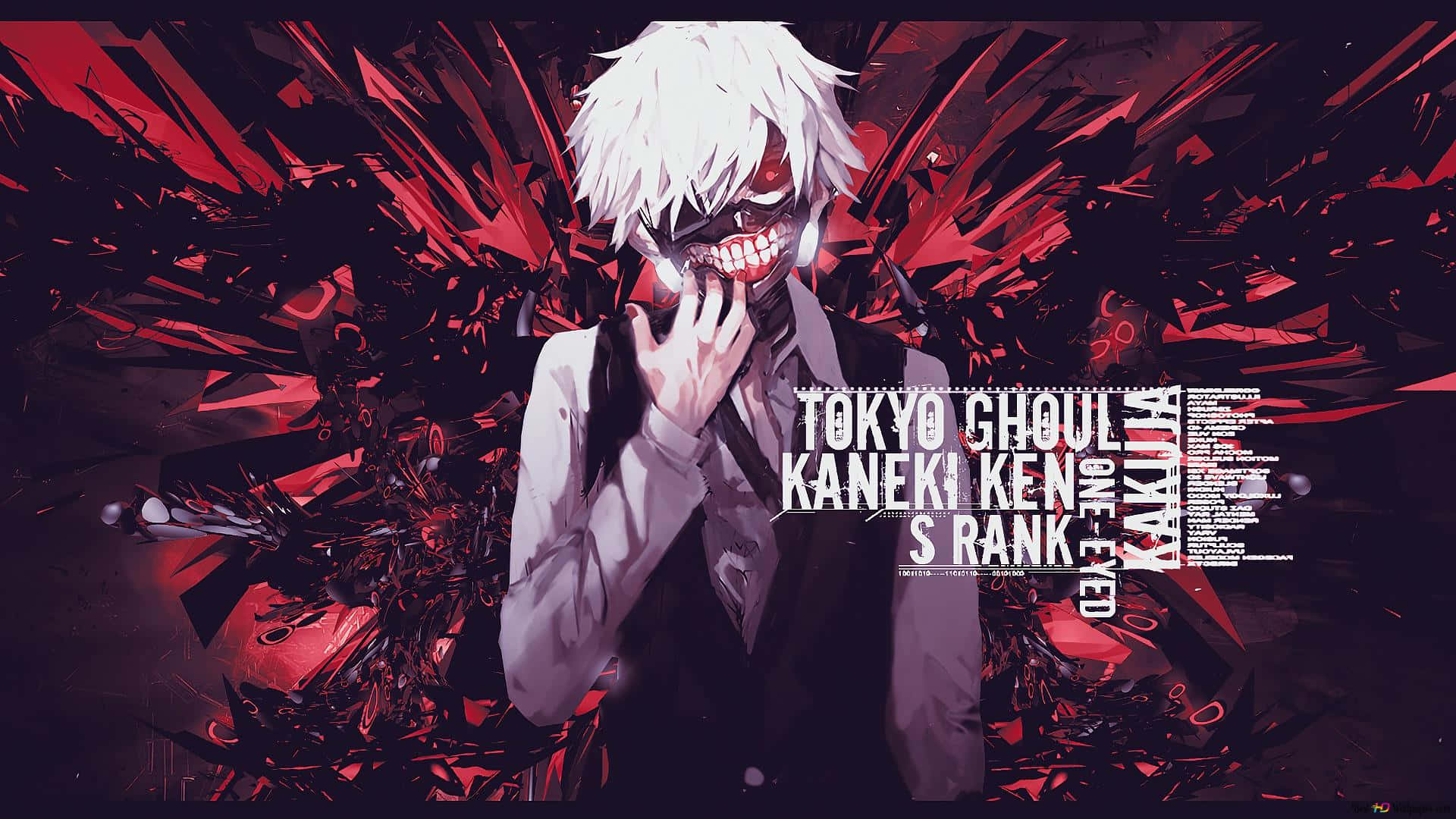 Ken Kaneki 桌布 壁紙 — 一個白髮紅眼的動漫角色，咧嘴笑著，站在破碎的紅色碎片中，上面有粗體文字覆蓋。